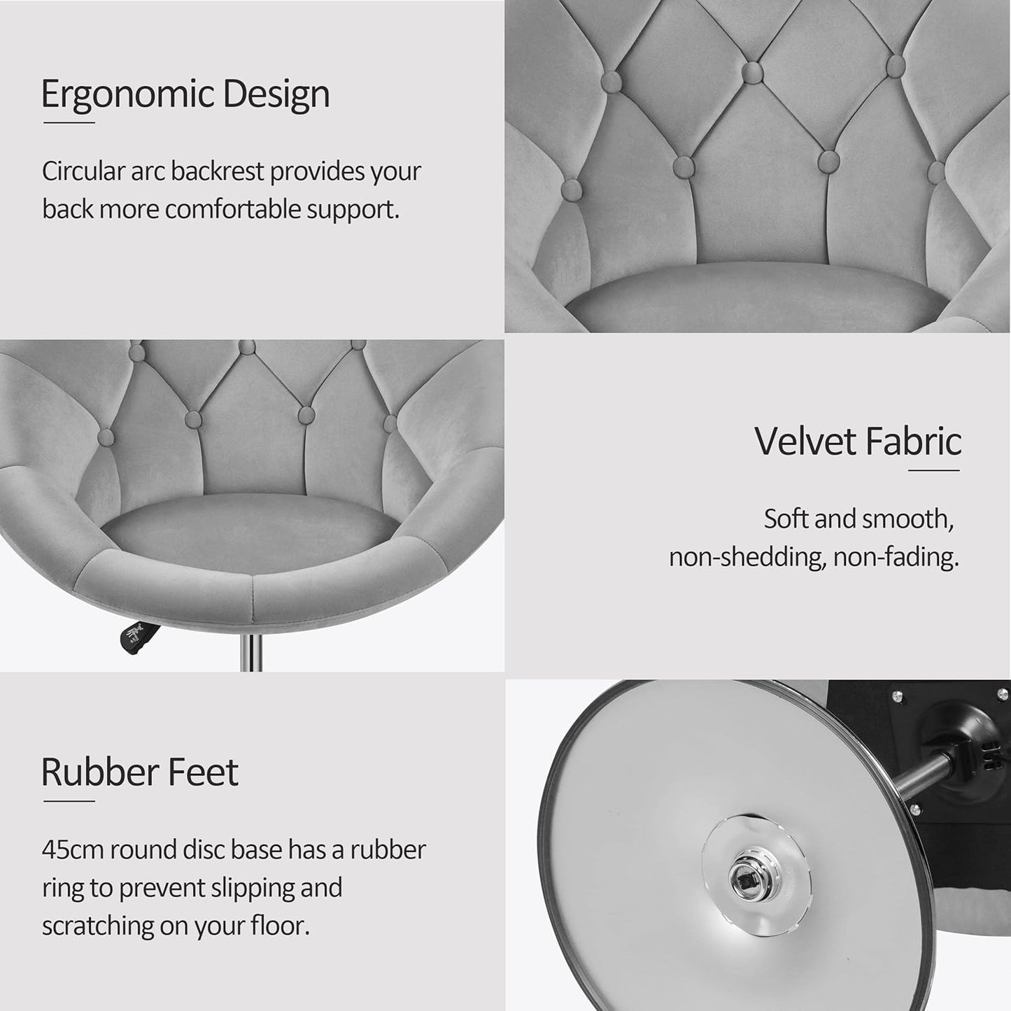 Adjustable Armchair Cozy Velvet Vanity Chair with 360 Degree Swive Large Base Barstool Living Room Tub Chair Accent Chair for Dressing Room Bedroom Lounge, Grey