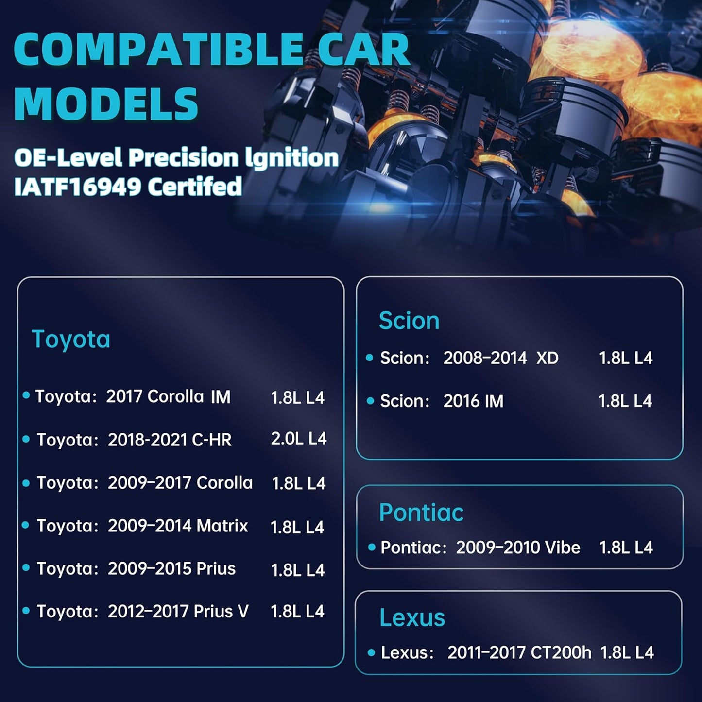 Set of 4 UF596 Ignition Coil Pack Compatible with 1.8L L4 2009-2001 Toyota Corolla Matrix CorollaiM C-HR Prius Prius V/2008-2016 Scion XD IM/Pontiac Vibe/Lexus CT200h Replaces#UF619 90919-02252 C1714