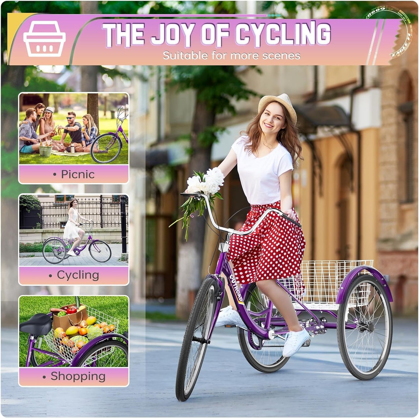 1/7 Speed Adult Tricycle, 24/26 Inch 3 Wheel Bikes with Large Basket, Cruiser Bike for Women/Men/Seniors, Adult Trike for Outdoor/Shopping/Recreation/Picnic