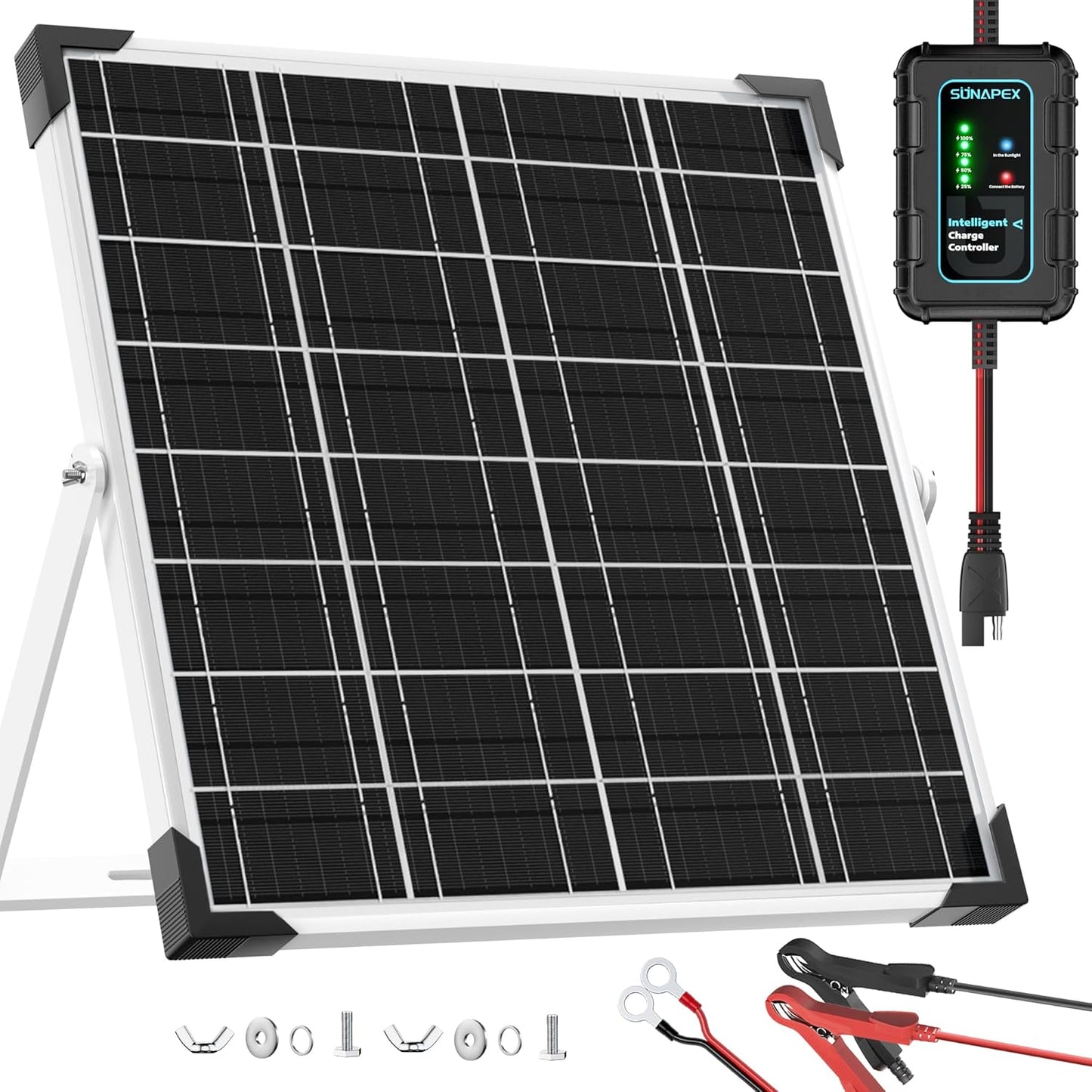 SUNAPEX 12V Solar Battery Charger: 25W Waterproof Solar Panel Kit- Aluminum Trickle Charger for Car Battery with MPPT Controller - Battery Tender Motorcycle Boat Marine RV Trailer Tractor Truck
