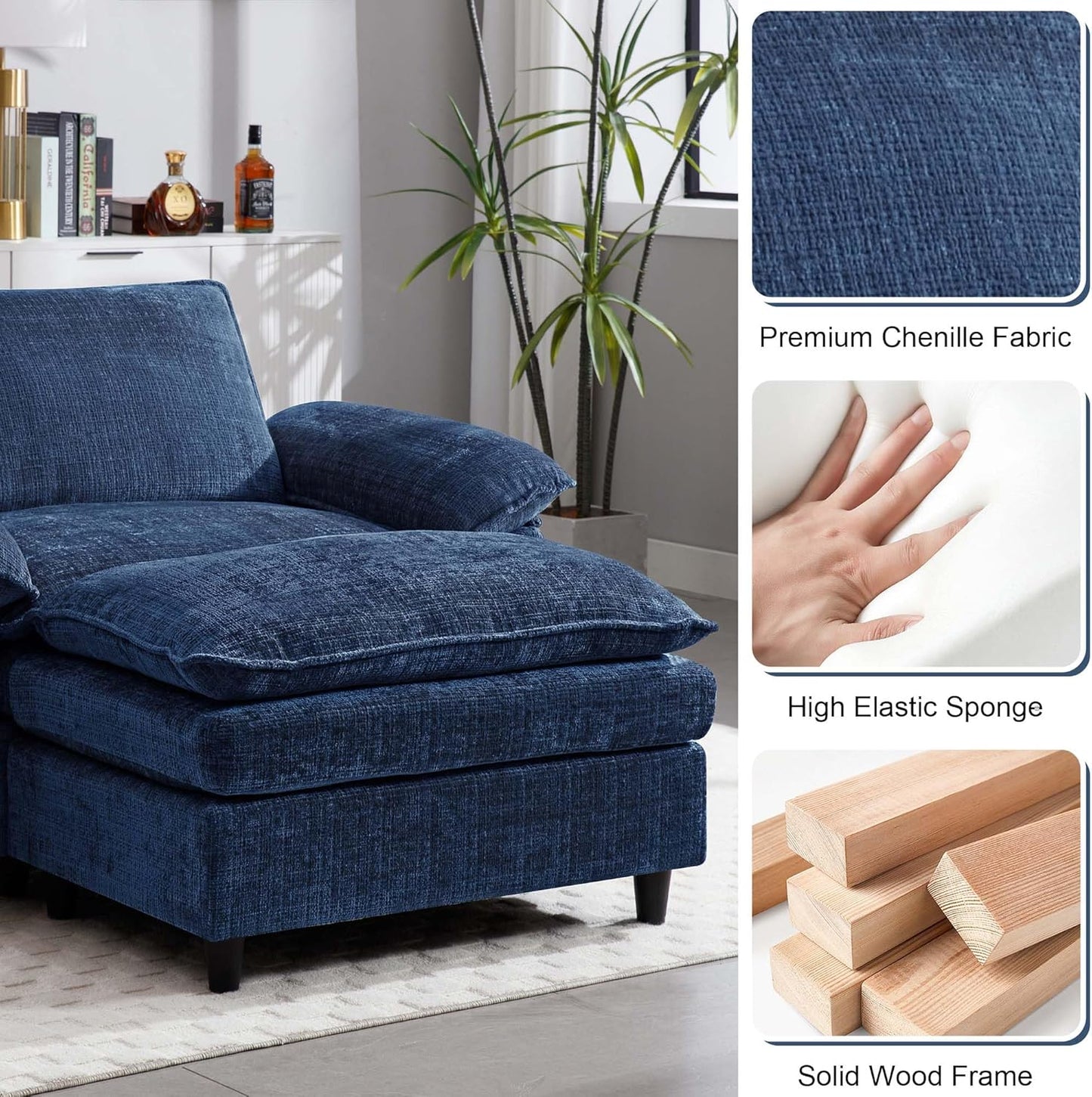 51.9" Blue Oversized Cloud Accent Chair with Ottoman, Modern Chaise Lounge Indoor, Comfy Chenille Single Sofa Couch Chair for Living Room Apartment Office