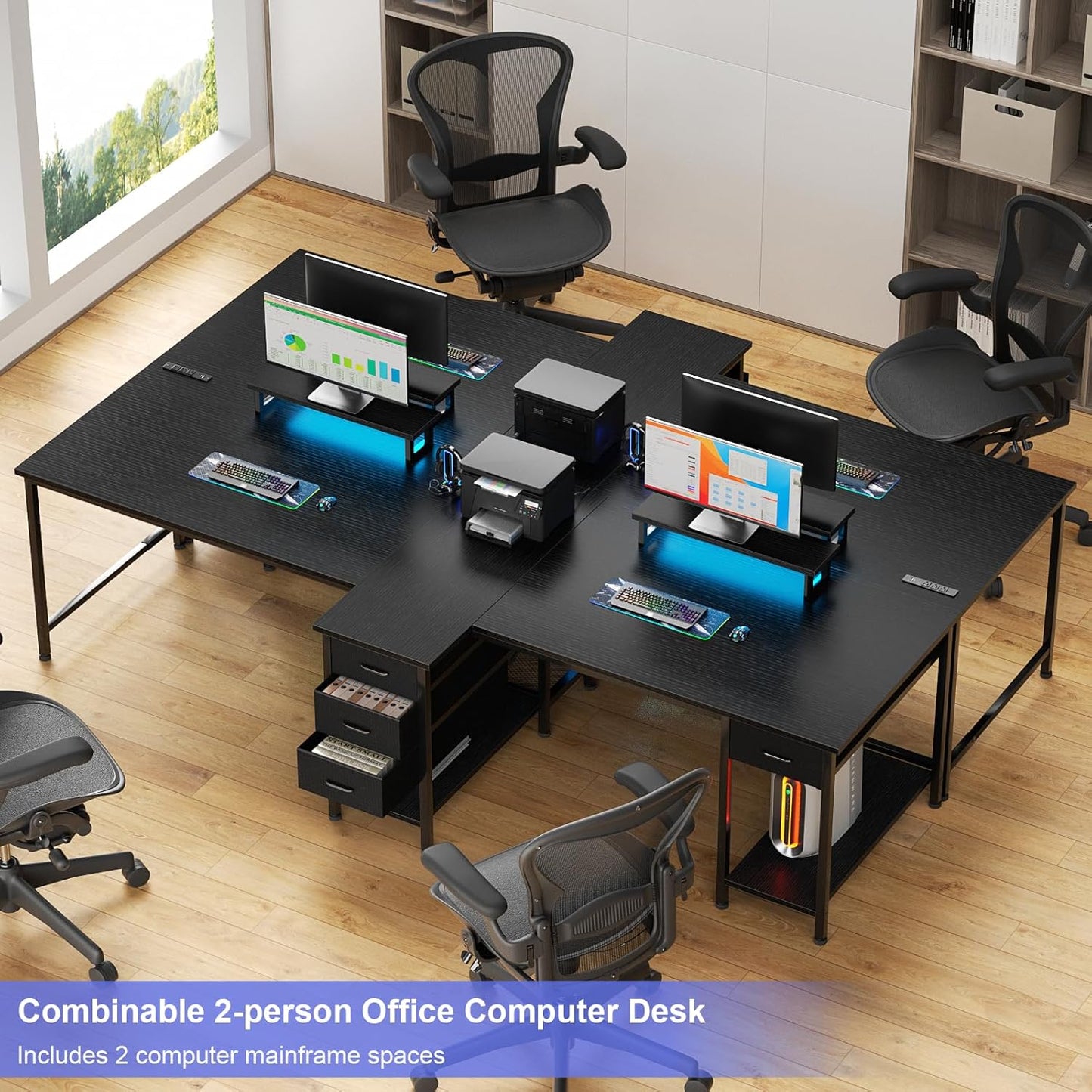 93 Inch 2 Person Desk with Power Outlet & LED Light, Extra Long Double Desk with 2 Monitor Stands, Large Home Office Desk for Two People with 4 Adjustable Storage Drawers, Black