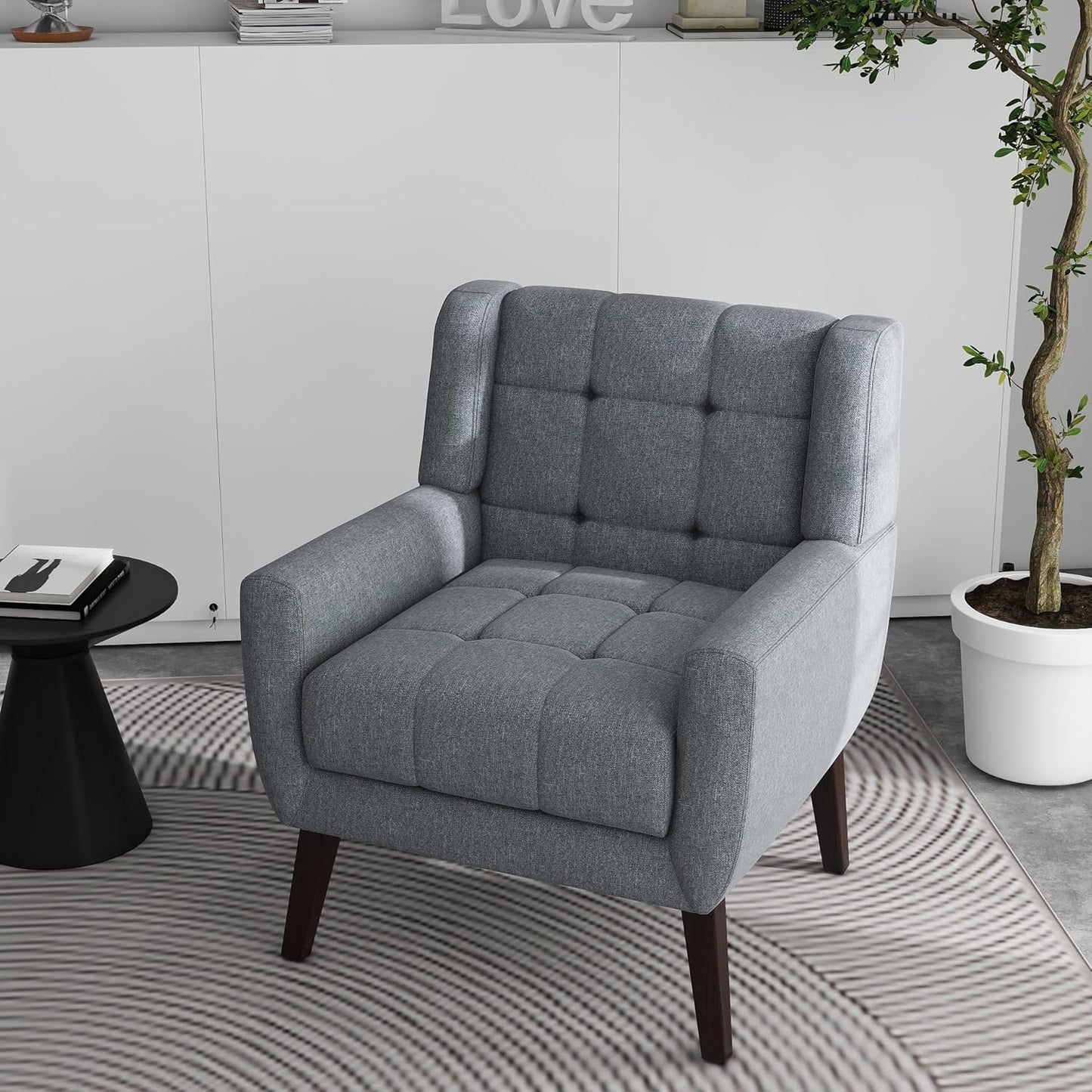 Accent Chairs Set of 2, Modern Fabric Upholstered Armchairs for Living Room, Comfy Arm Chairs Tufted Back and Solid Wood Legs for Bedroom Office Room (Light Blue)