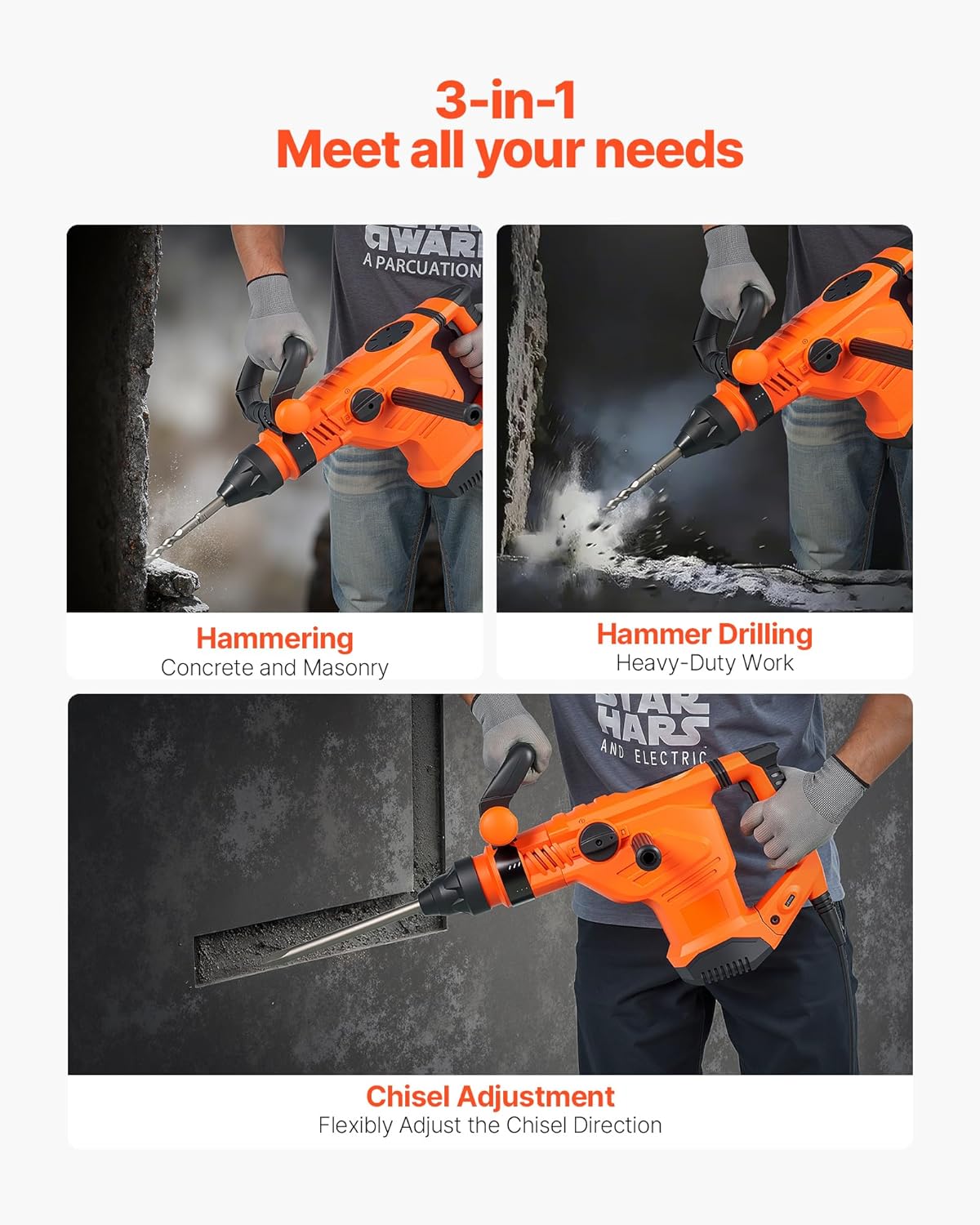 VEVOR 1-3/4" SDS-Max Rotary Hammer Drill, 13Amp Corded Drills, Heavy Duty Chipping Hammers w/Vibration Control & Safety Clutch, Electric Demolition Hammers, Power Tool For Concrete