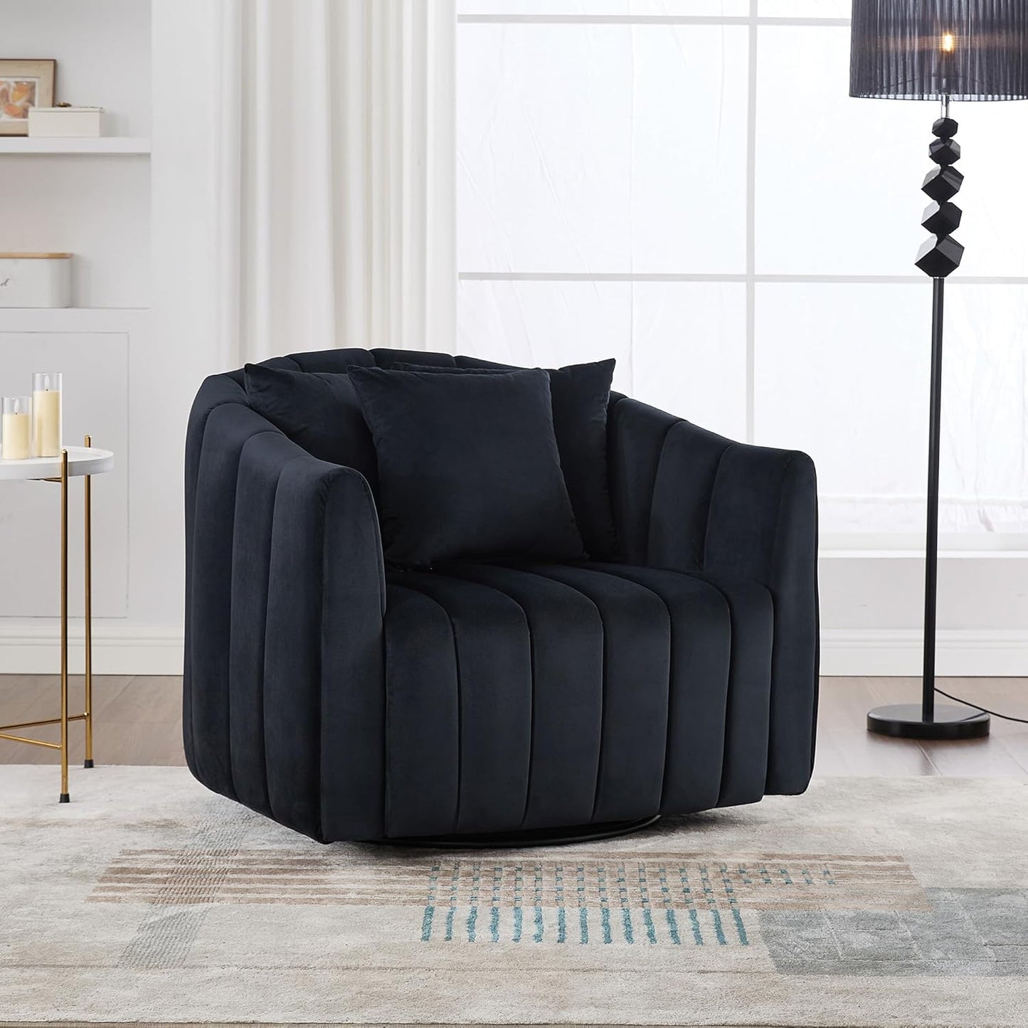 40" W Upholstered Oversized 360° Swivel Accent Barrel Chair and Half Cozy Sofa with Removable Pillows, Velvet Club Armchair for Living Room Bedroom Office Lounge, Black