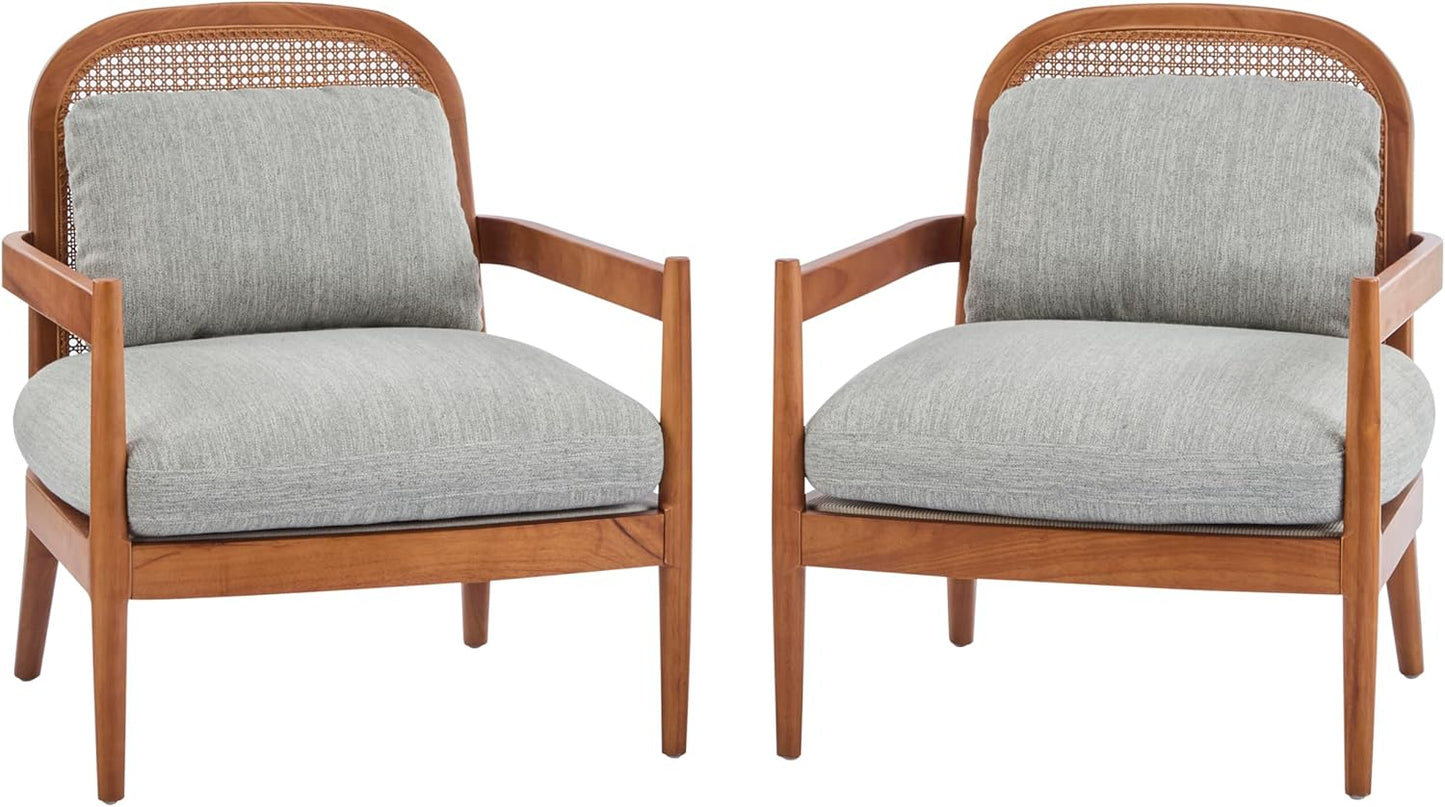 Accent Chairs Set of 2, Mid-Century Modern Accent Chair with Solid Wood Frame and Rattan Backrest, Comfy Armchairs for Living Room, Bedroom, Balcony (Grayish Green+Walnut)