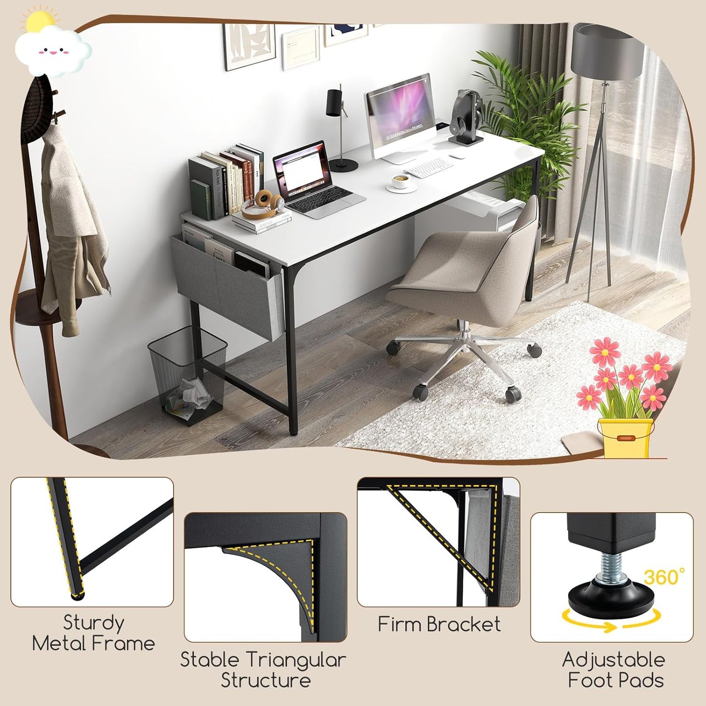 Tangkula 60” Large Computer Desk with Charging Station, Modern Simple Study Writing Desk with Storage Bag, Headphone Hook, Sturdy Metal Frame, Home Office Workstation