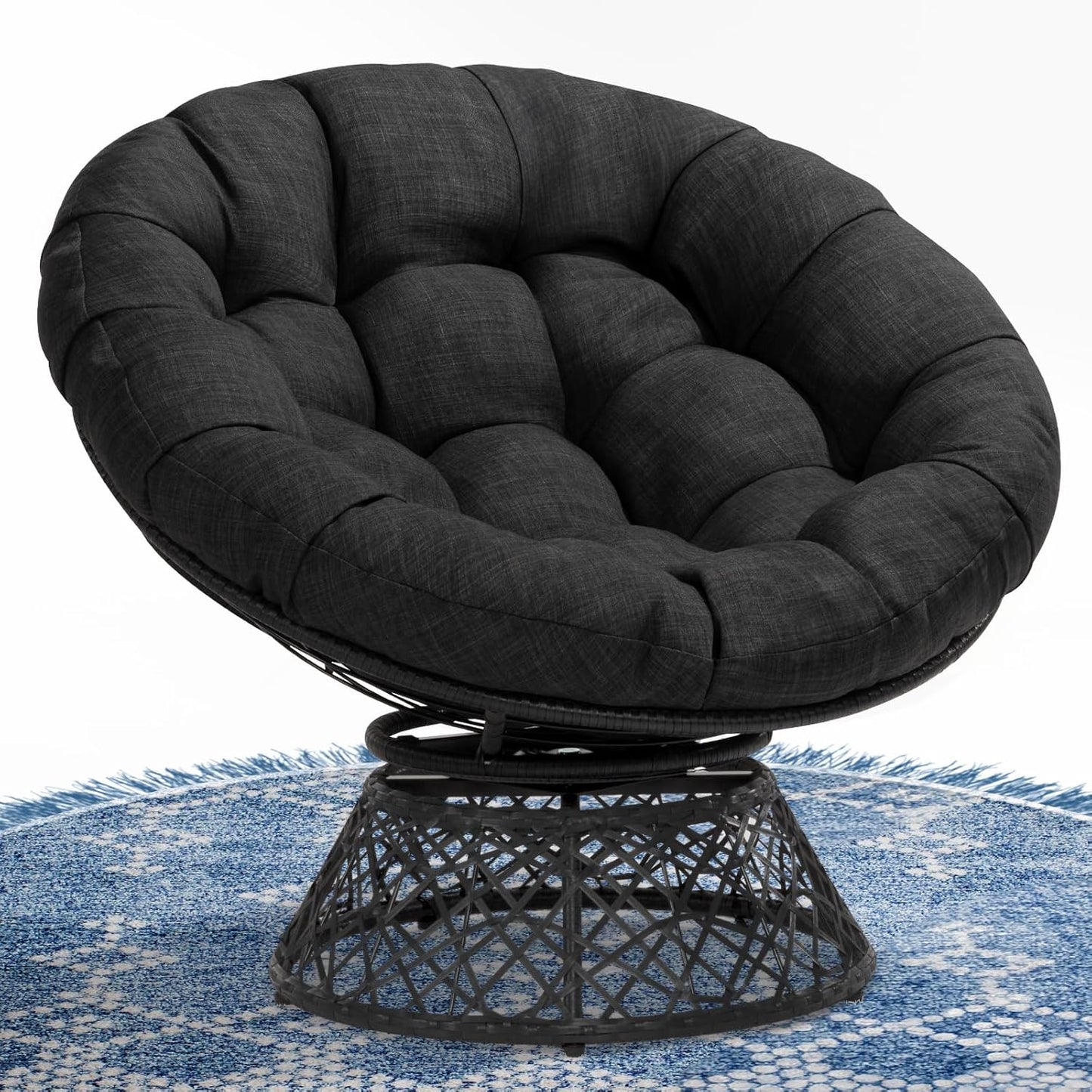 Bme 40" Ergonomic Wicker Papasan Chair with Soft Thick Density Fabric Cushion, High Capacity Steel Frame, 360 Degree Swivel for Living, Bedroom, Reading Room, Lounge, Silver Cloud - Black Base