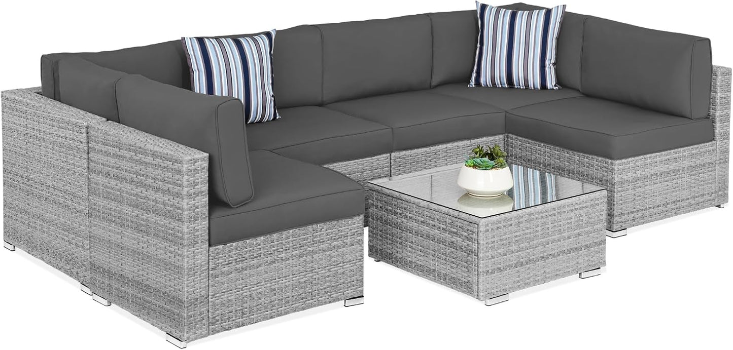 Best Choice Products 7-Piece Modular Outdoor Sectional Wicker Patio Conversation Set w/ 2 Pillows, Coffee Table, Cover Included - Gray/Gray