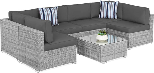 Best Choice Products 7-Piece Modular Outdoor Sectional Wicker Patio Conversation Set w/ 2 Pillows, Coffee Table, Cover Included - Gray/Gray