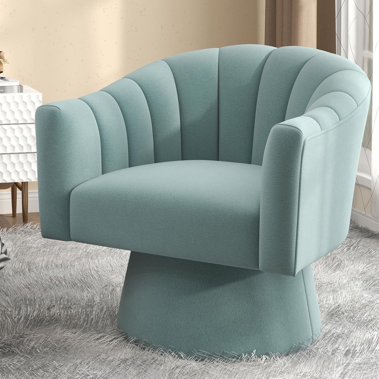 Swivel Accent Chair,Upholstered Velvet 360° Swivel Barrel Chair for Living Room Overstuffed Bouncle Reading Chair Round Armchair for Bedroom,Vanity,Office(Pink)