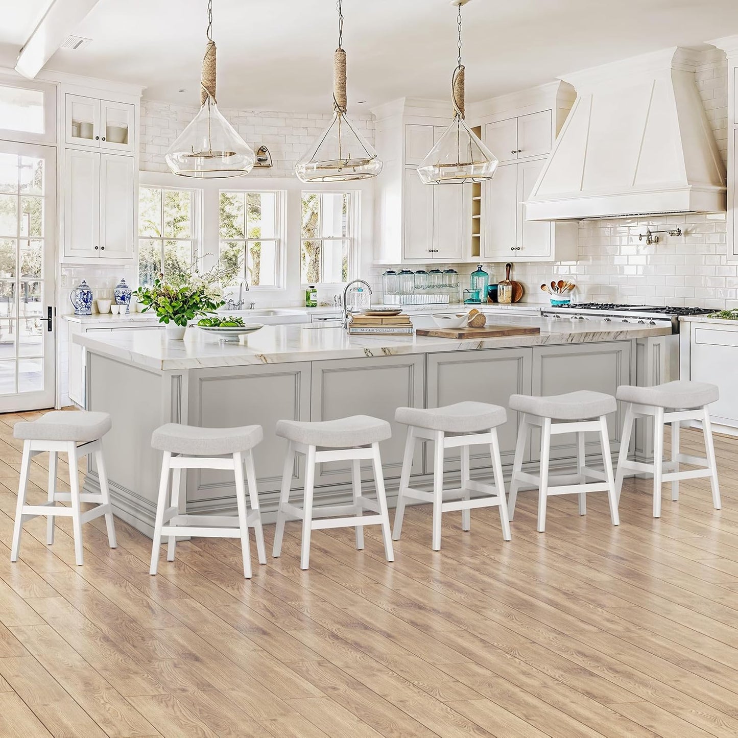 Bar Stools Set of 3, Barstools with Sturdy Wood Legs, Saddle Seat Counter Height Bar Stools for Kitchen Counter, Bar, Dining, 24 Inch Farmhouse Counter Stools, Antique White Leather