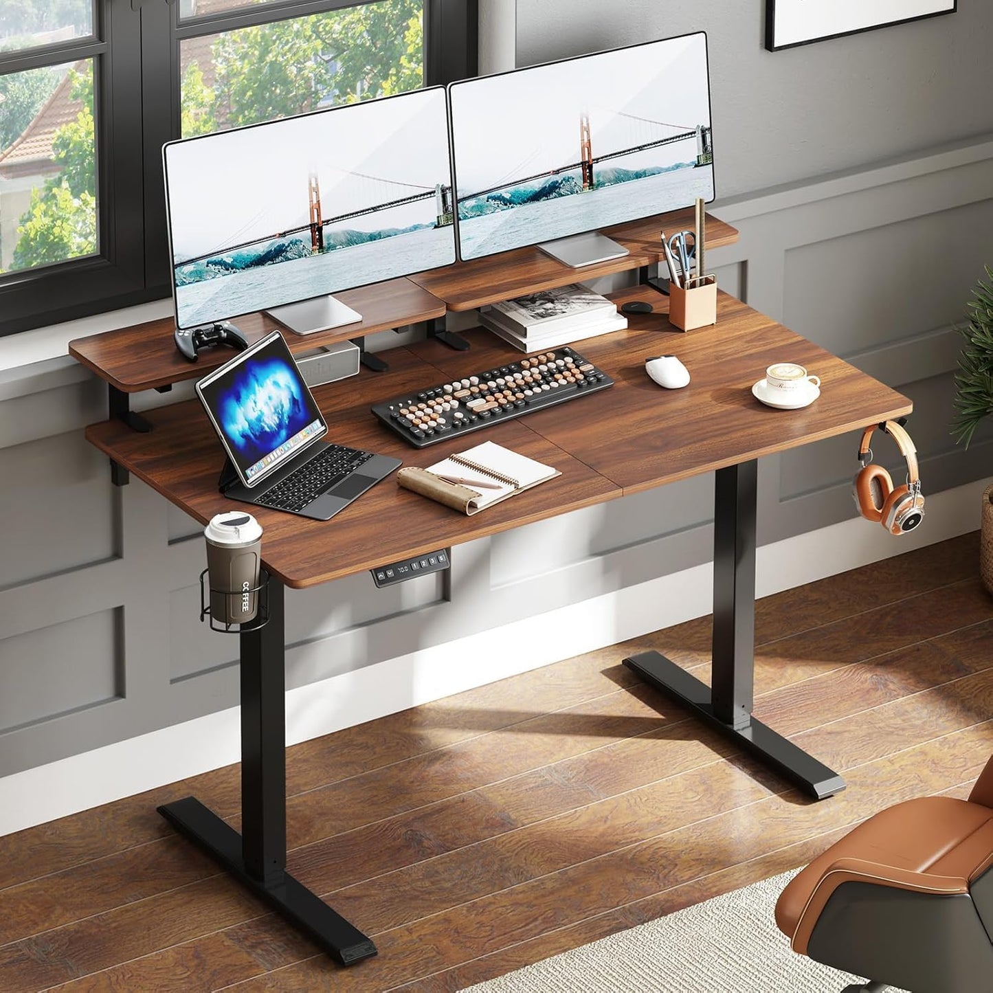 Standing Desk with 2 Adjustable Monitor Shelves, 71 x 24 Inches Electric Stand Up Desk with Memory Controller and Adjustable Height from 28-46 inches for Computer Workstations, Rustic Brown