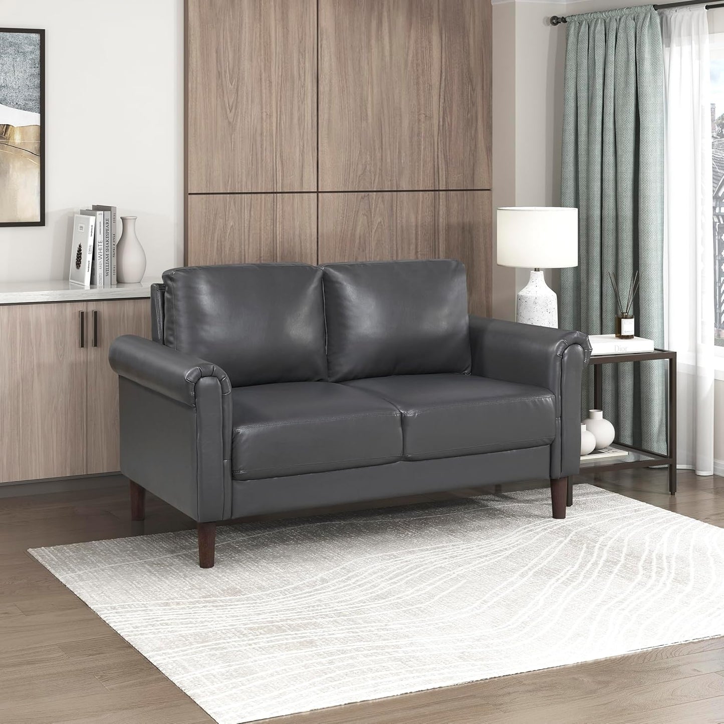 Lexicon 35" W Living Room Accent Chair, Faux Leather Upholstered Armchair with Rolled Arm for Bedroom/Office/Waiting Room, Single Sofa Chair, Chocolate