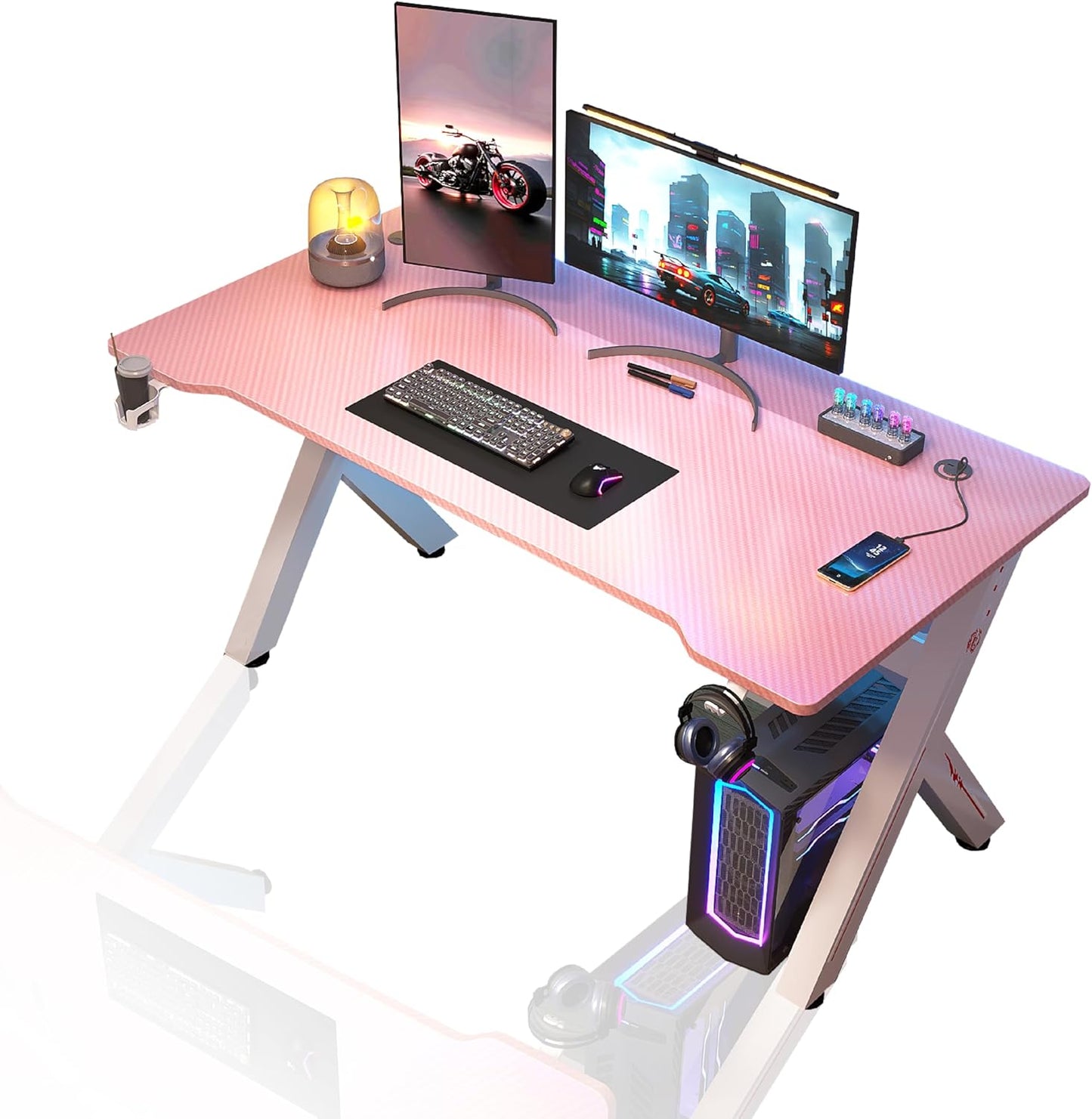 AZN Gaming Desk, 55'' Computer Desk, Gaming Desk w/LED Lights & Carbon Fiber Desktop, Home Office Desks w/Ergonomic Design, Computer Desks w/Cup Holder, Headphone Holder, Cable Organizer