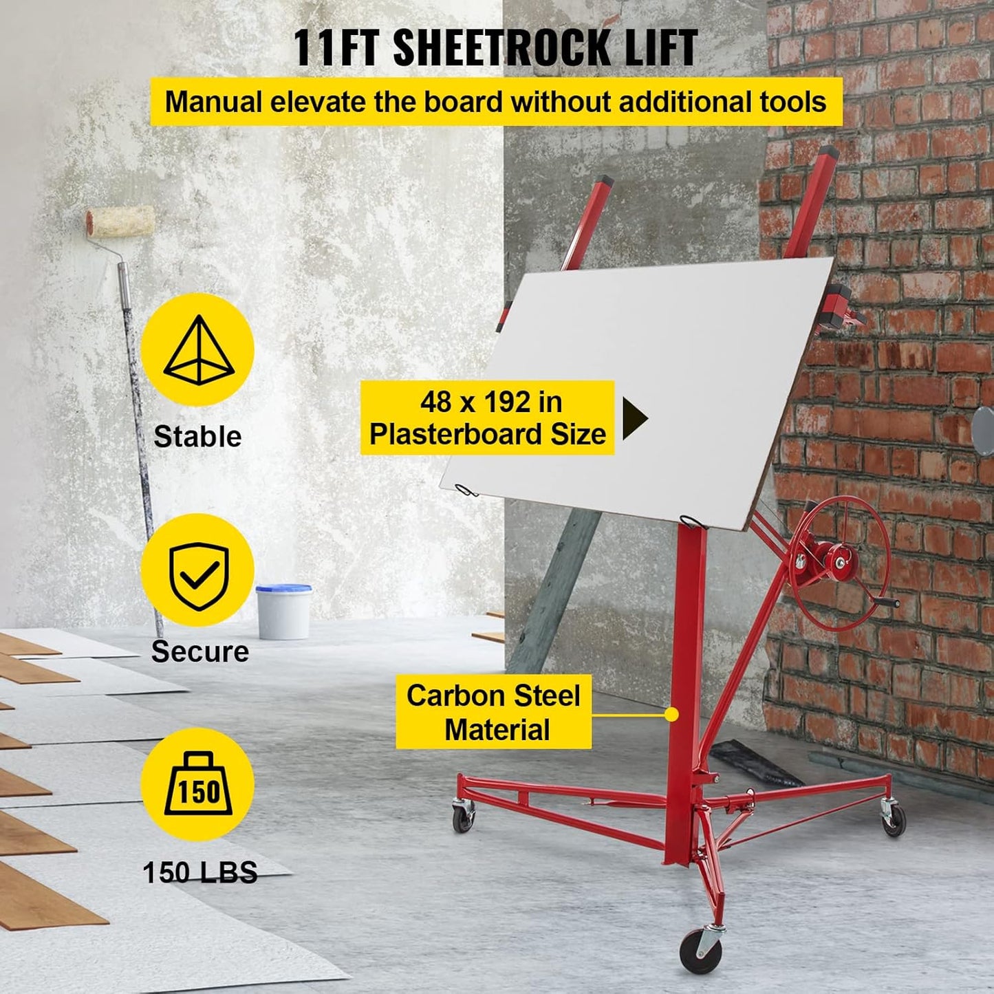 VEVOR Drywall Lift Sheetrock Lift 11FT, Drywall Rolling Lifter Panel, 150lb Weight Capacity Panel Hoist Jack Tool, Steel Material w/Telescopic Arm & 3 Lockable Wheels, 48x192 in Plasterboard Size