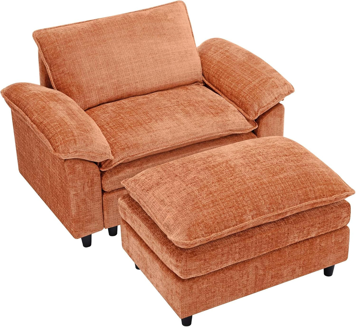 51.9" Orange Oversized Cloud Accent Chair with Ottoman, Modern Chaise Lounge Chair Indoor, Comfy Chenille Single Sofa Couch Chair for Living Room Apartment Office