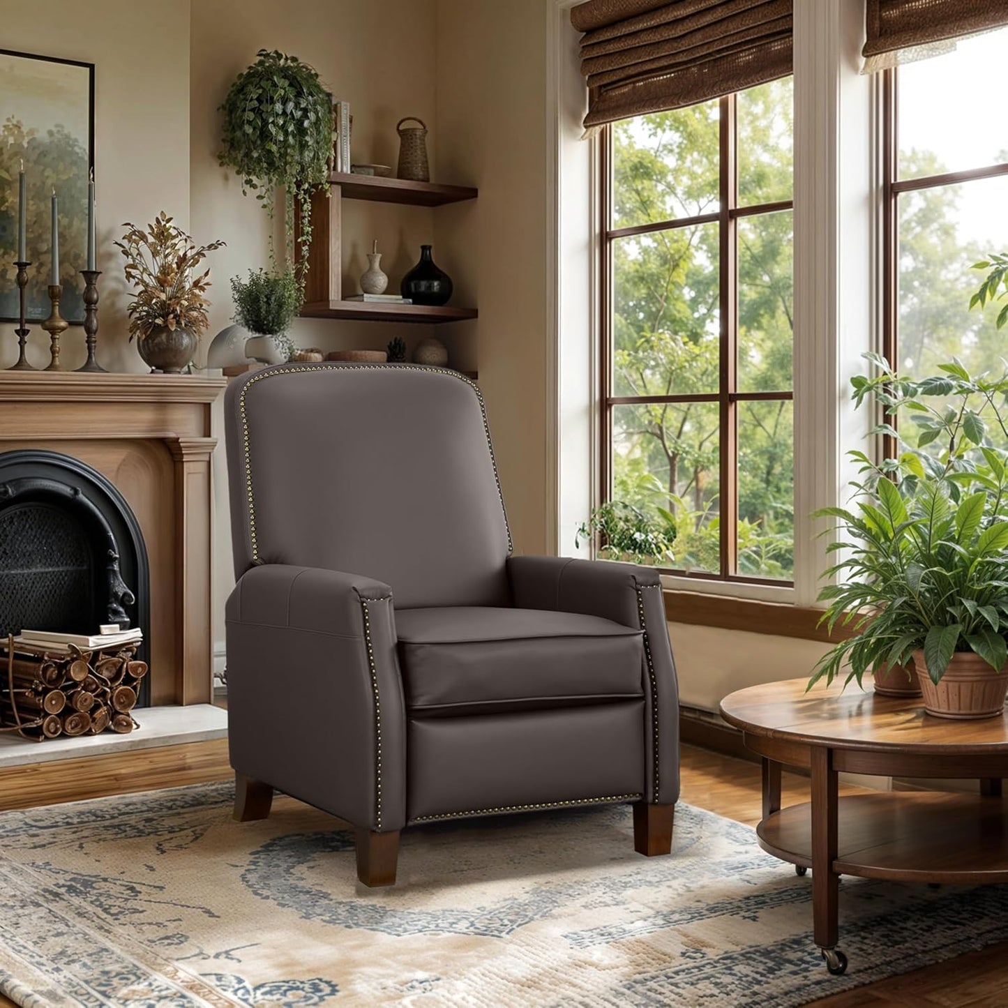 Simple Deluxe Mid-Century Modern Pushback Chair, Faux Leather Recliner Chair for Bedroom, Adjustable Single Upholstered Sofa with Brass Nailhead Trim, Recliners Armchair for Living Room, Black