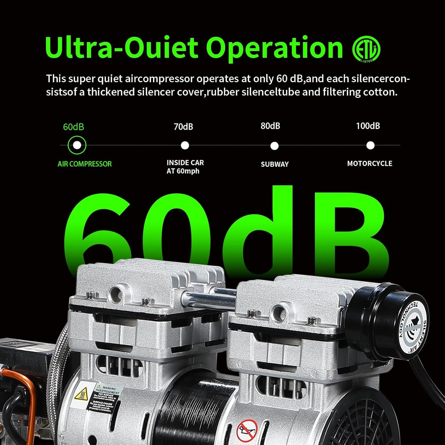 6 Gallon Portable Air Compressor 1HP 2.5 CFM@90PSI 60dB Ultra Quiet Oil Free Air Compressor Ideal for Tire Inflation Pneumatic Tool Spray Painting