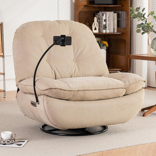 Smart Oversized Electric Recliner Chair, 360° Round Swivel Rocking Glider Rocker for Adults Modern Comfy Ergonomic Chaise Lounge Indoor, Theater Seating Living Room Chairs Reading, Soft Camel Fabric
