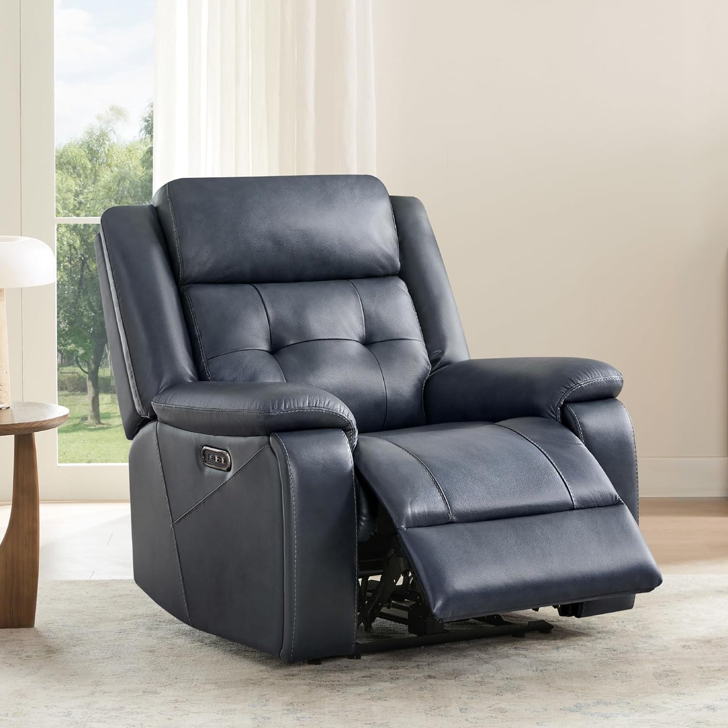 Watson & Whitely Genuine Leather Power Recliner Chair for Adults, Wall Hugger Recliner with Power Headrest, Cup Holders & Charging Ports, Electric Reclining Chairs for Living Room, RV, Saddle Brown