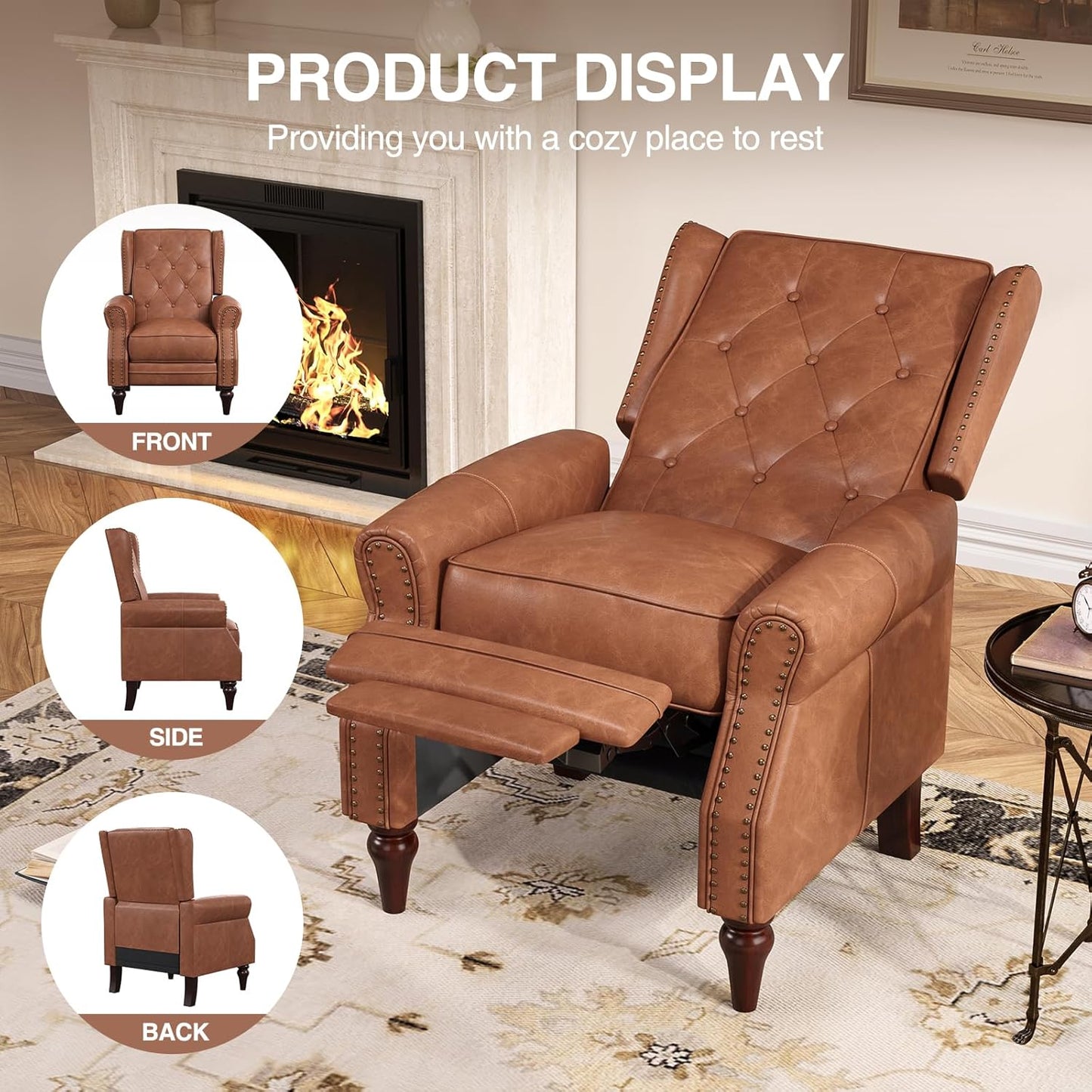 Small Recliner Chair, Modern Faux Leather Living Room Chairs with Tufted Buttons and Metal Rivets, Wingback Recliner with Wooden Legs, Comfy Pushback Arm Chair for Living Room, Bedroom, Matt Brown