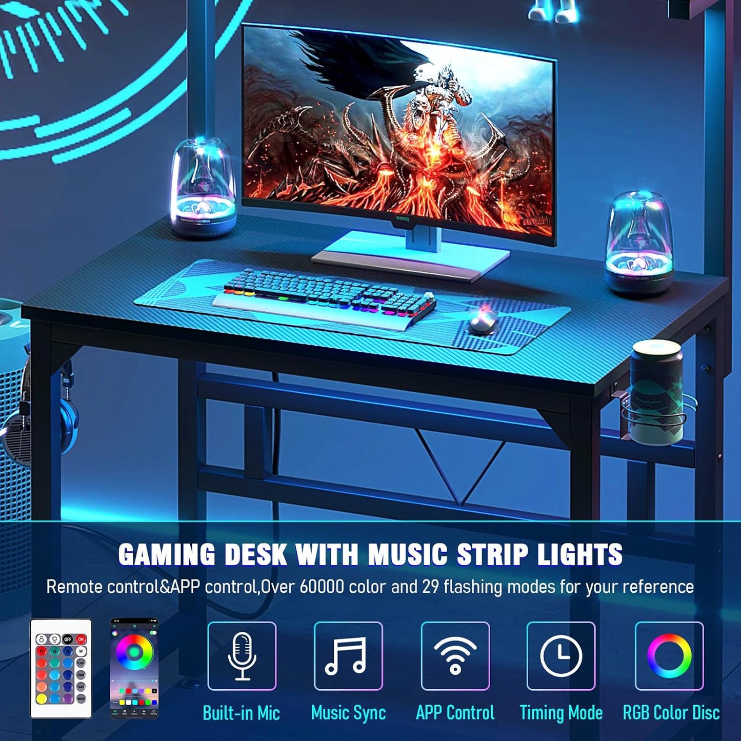 TREETALK Gaming Desk with Power Outlets & LED Strip Lights,80CM Industrial Writing Desk with Adjustable Monitor Stand, Cupholder and Headphone Hook for Home Office Black