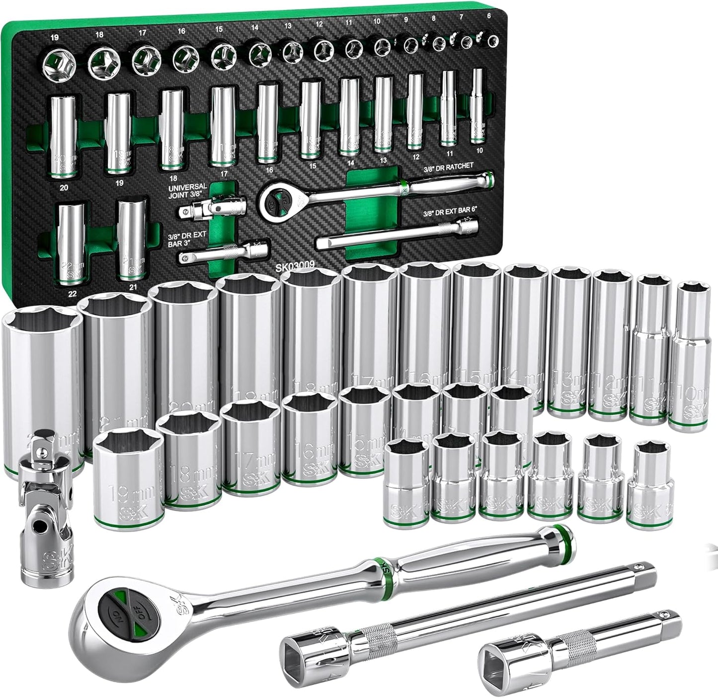 SK 3/8" Drive Socket Set with 160-P Ratchet, 56-Piece, SAE & Metric, SuperKrome Finish, Premium CR-V Construction, with EVA Foam Tool Organizer