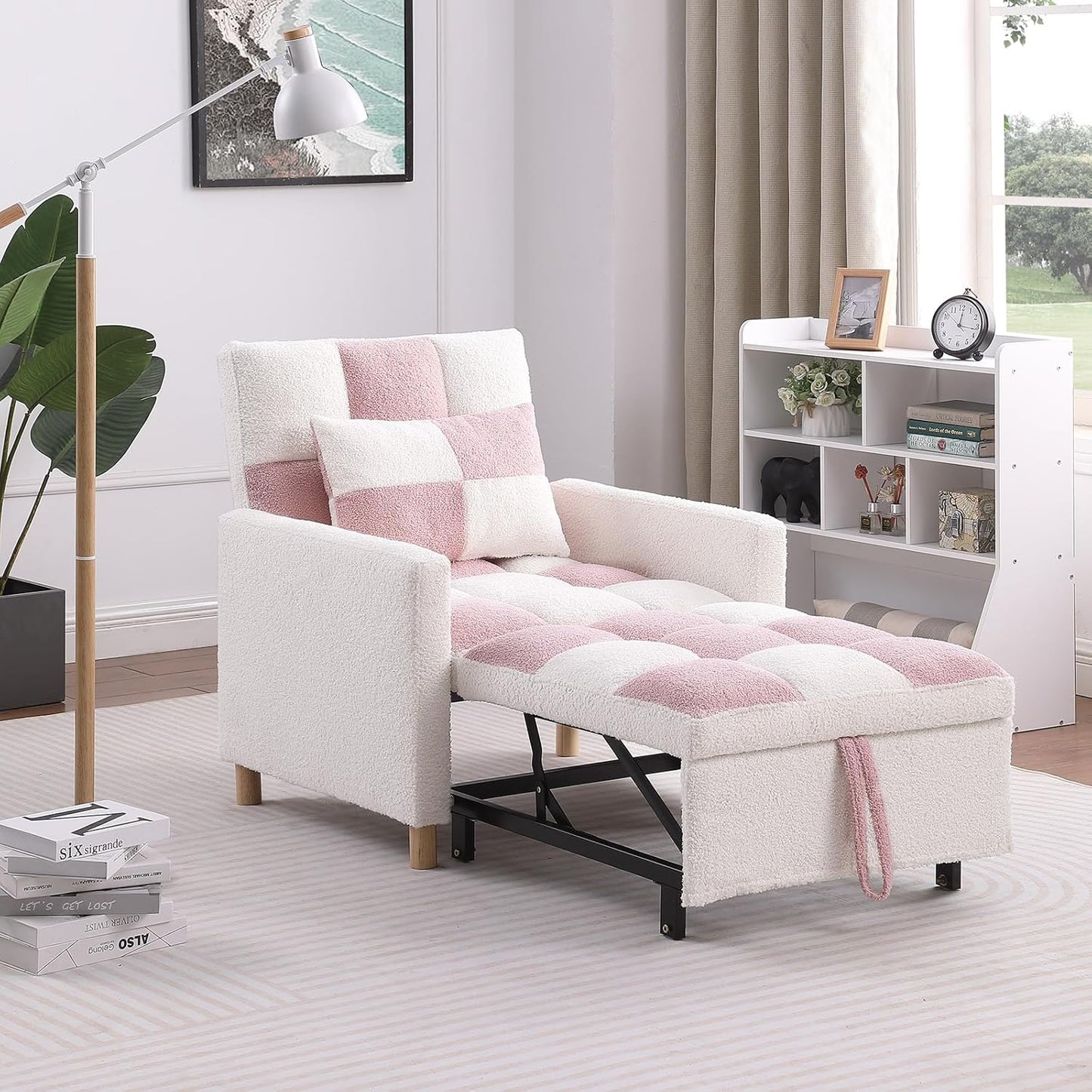 Sleeper Chair Bed Multi-functional Convertible Chair Sleeper Teddy Fabric Adjustable Single Pull Out Sofa Bed with Lumbar for Studio,Dorm, Apartment, Bedroom,Office,Living Room (Beige&Yellow)
