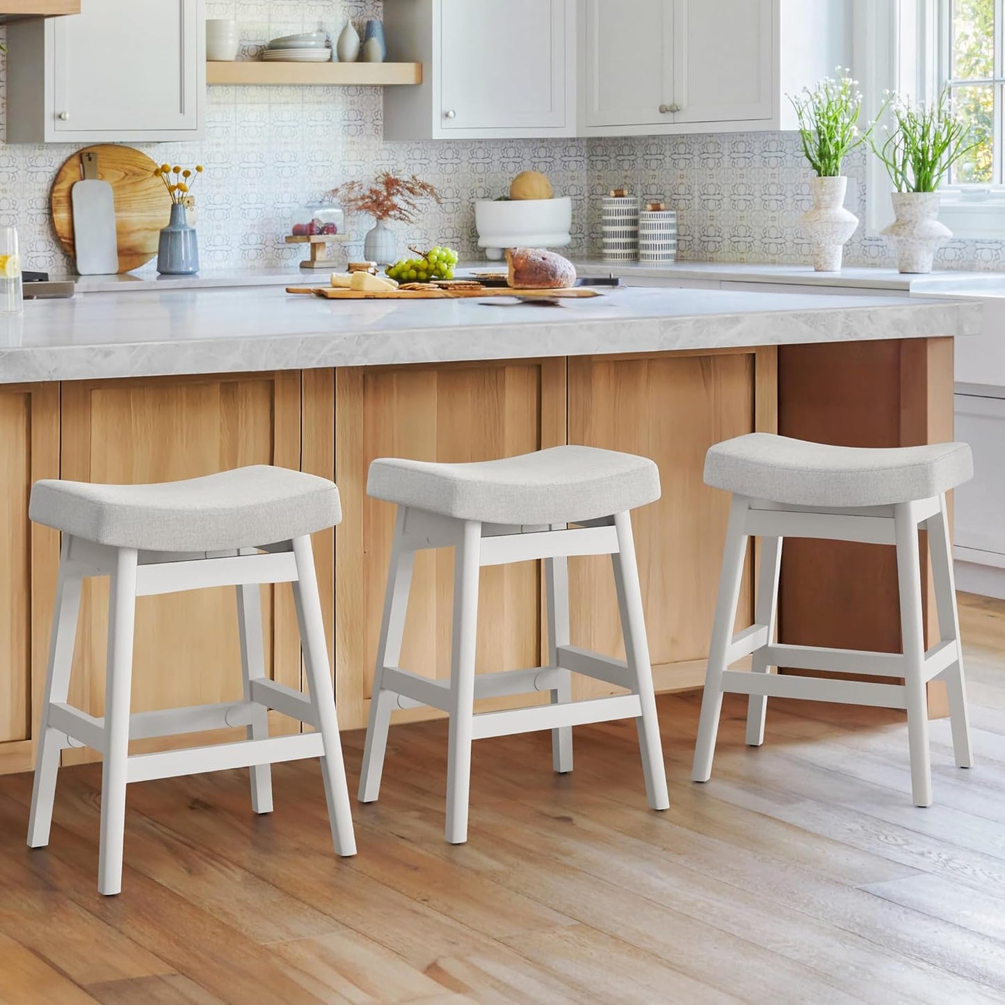 Bar Stools Set of 3, Barstools with Sturdy Wood Legs, Saddle Seat Counter Height Bar Stools for Kitchen Counter, Bar, Dining, 24 Inch Farmhouse Counter Stools, Antique White Leather