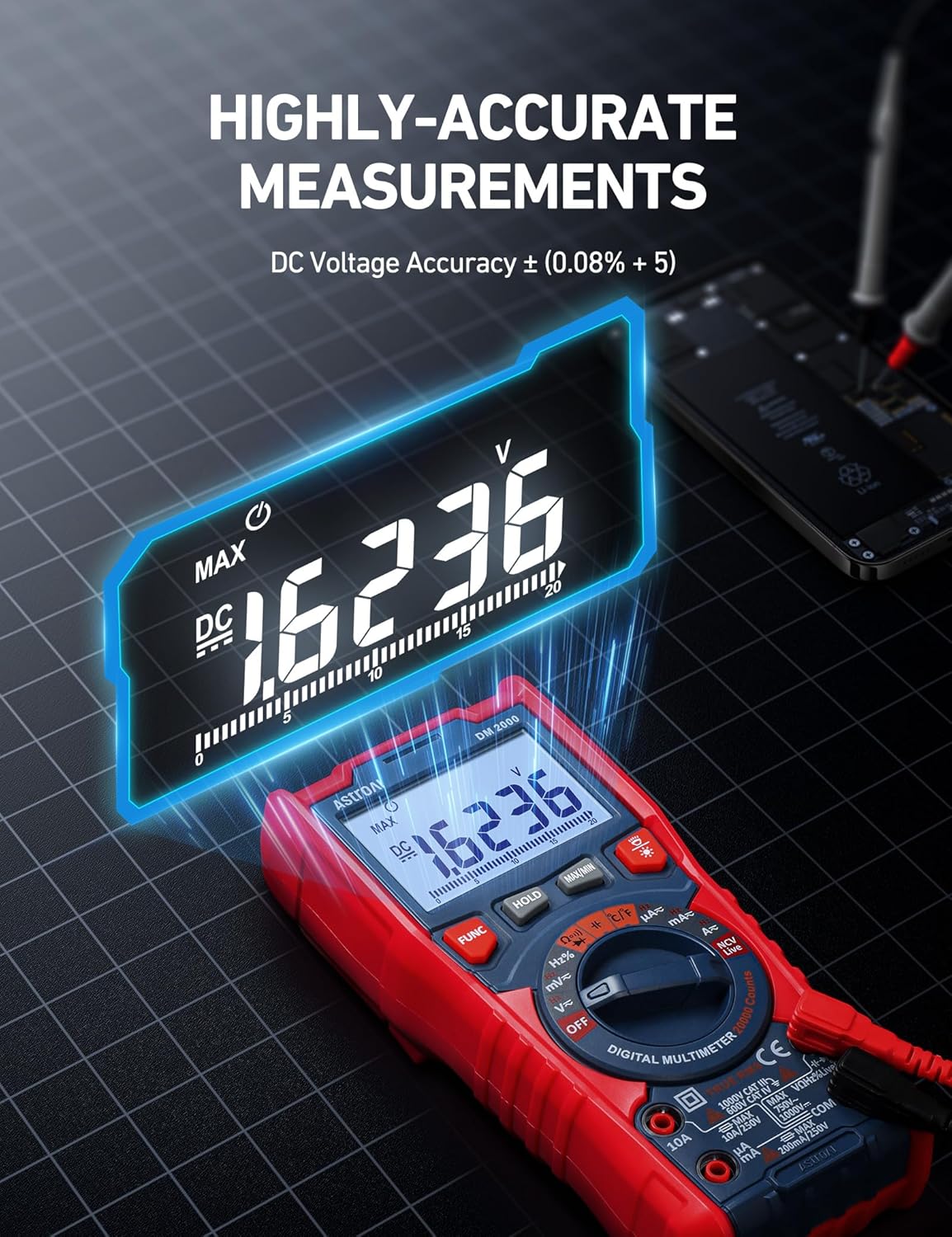 AstroAI Digital Multimeter Tester TRMS 20000 Counts with Higher Resolution Auto-Ranging Voltmeter; Accurately Measures Voltage Current Resistance Diodes Continuity Duty-Cycle Capacitance Temperature