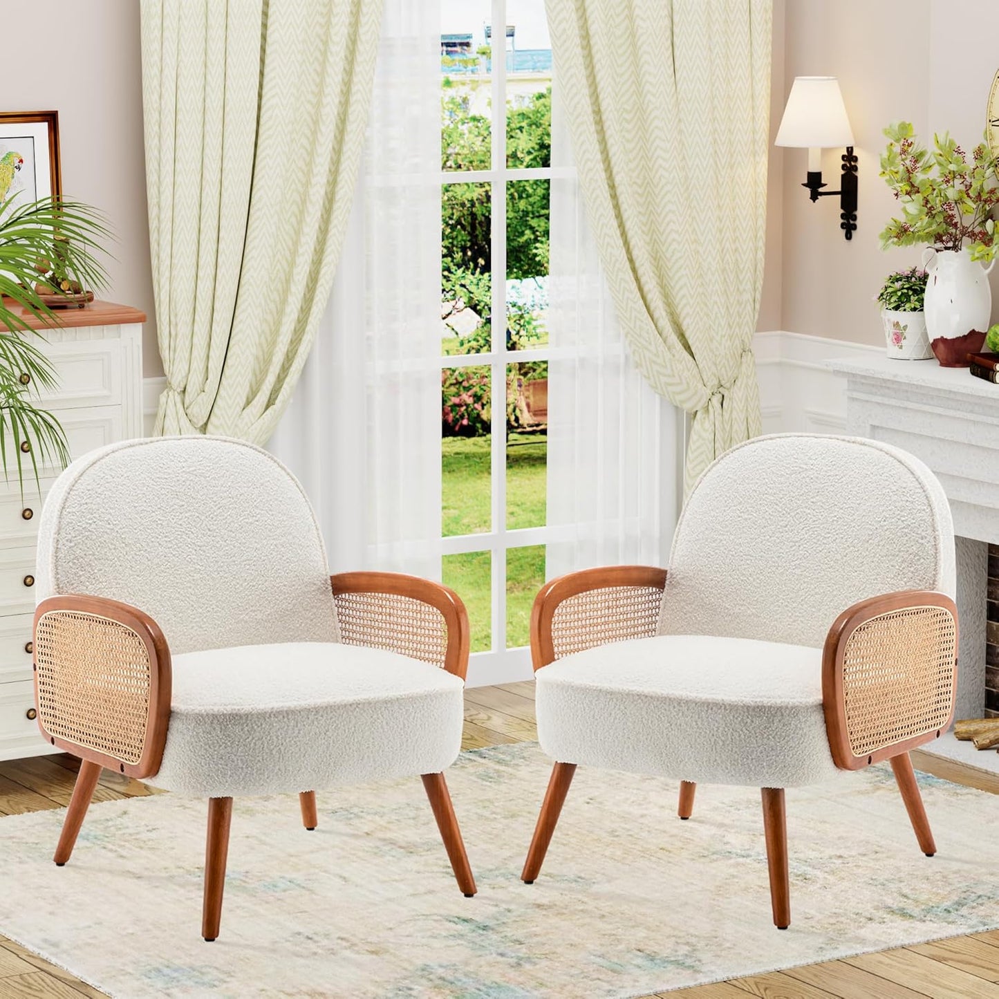 Aklaus Mid Century Modern Accent Chair Set of 2 Upholstered Rattan Arm Chairs Sherpa Teddy Fabric Reading Chairs for Living Room Bedroom Balcony Hobo Accent Chairs Side Chairs Club Chairs White