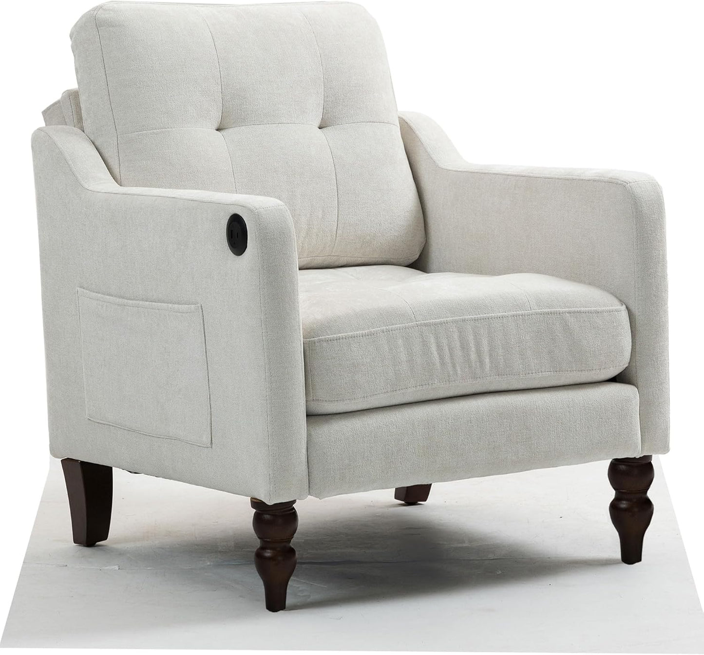 Ball & Cast Mid-Century Accent Chair for Living Room,Reading Chair for Bedroom with USB Ports&Side Pocket,Modern Accent Arm Chair W/Wide Backrest&Retro Wood Legs,Chenille Upholstered Comfy Chair,Gray