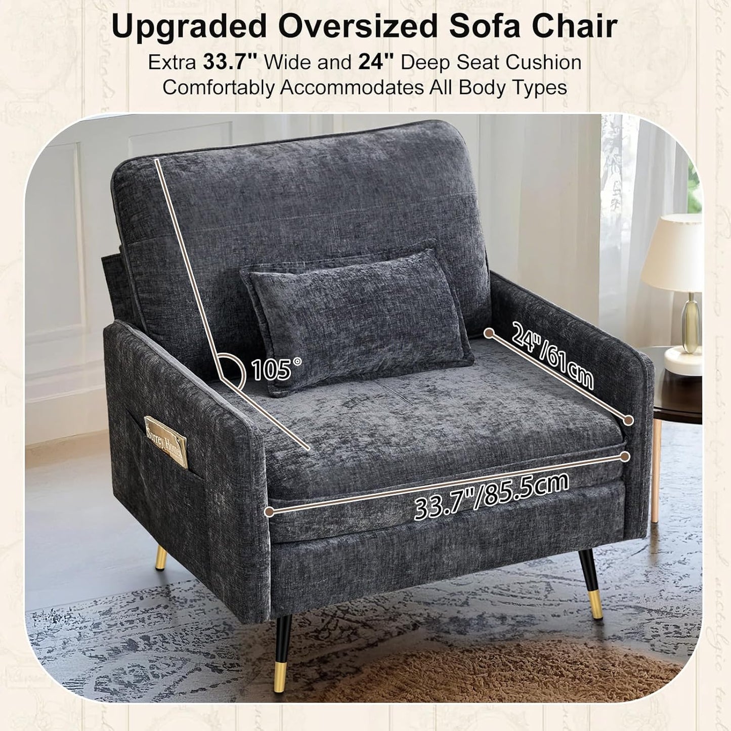 38.6" Wide Oversized Accent Chair with Lumbar Pillow, Modern Chenille Armchair Living Room Chair with 8" Metal Legs, Single Sofa Chair for Bedroom, Living Room, Dark Gray