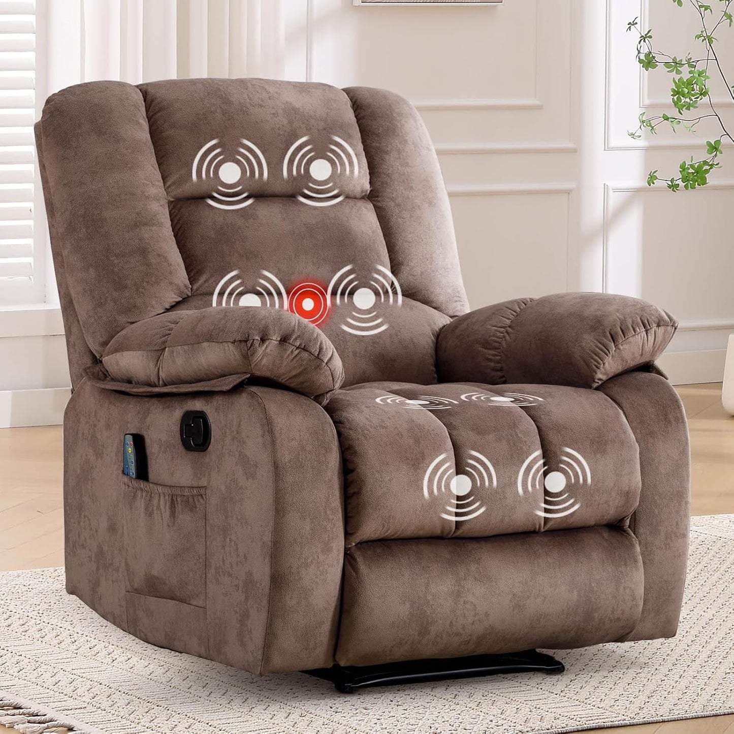 ANJHOME Overstuffed Massage Recliner Chairs with Heat and Vibration, Soft Fabric Single Manual Reclining Chair for Living Room Bedroom (Brown)