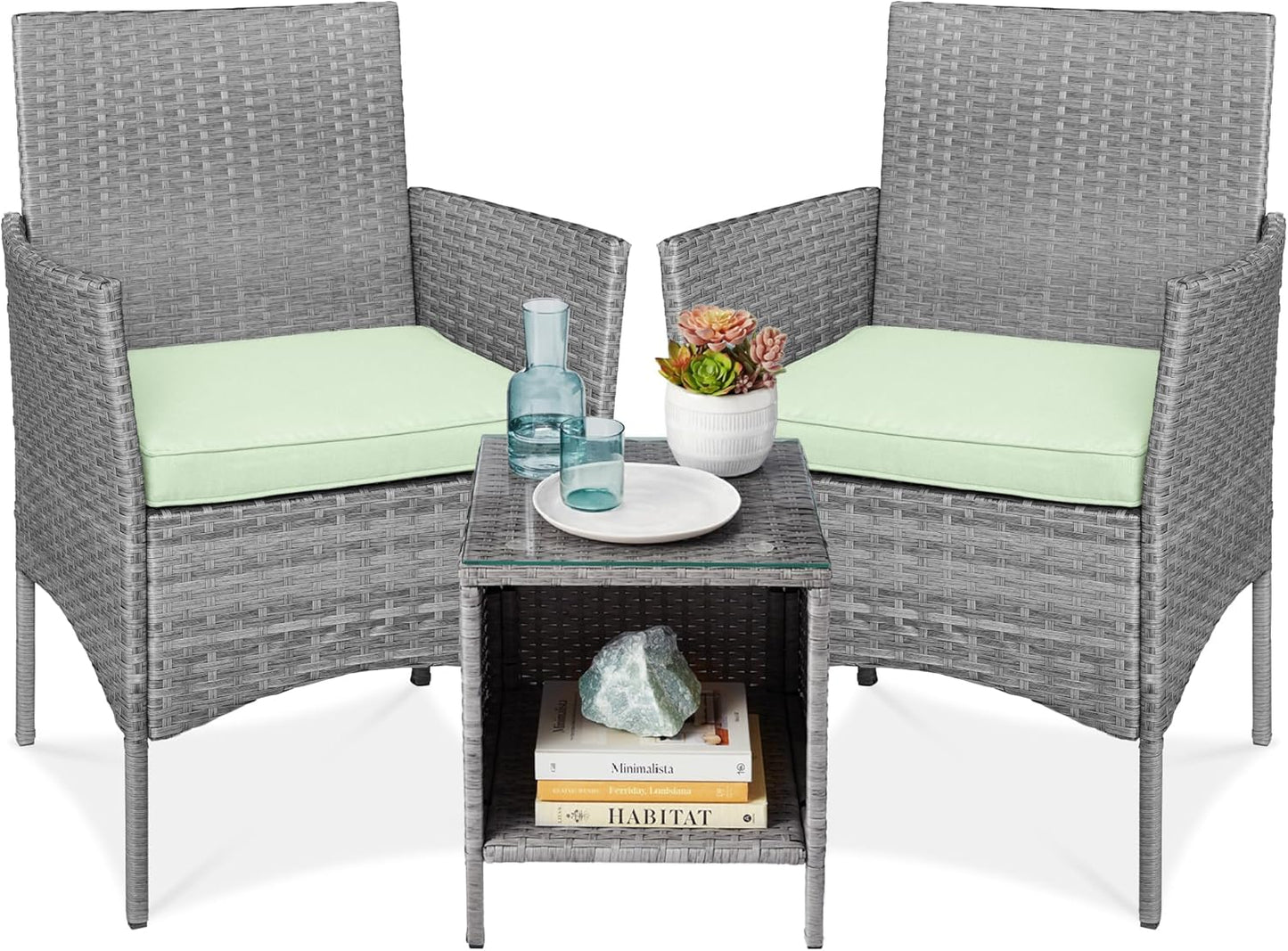 Best Choice Products 3-Piece Outdoor Wicker Conversation Bistro Set, Space Saving Patio Furniture for Garden w/Side Table - Gray/Navy