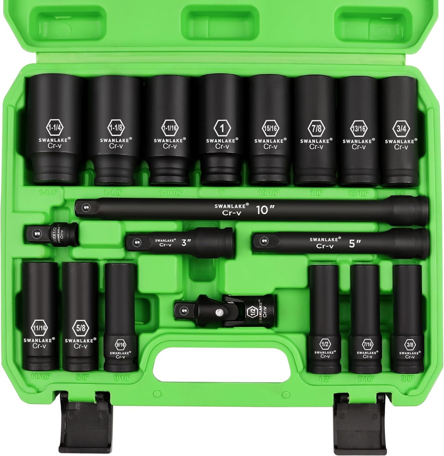 SWANLAKE GARDEN TOOLS 3/8'' Drive Impact Socket Set, 50-Piece Standard SAE (5/16 to 3/4 inch) and Metric (8-22mm) Size, 6 Point, Cr-V, 3/8-Inch Ratchet Handle, Extension Bar, Universal Joint