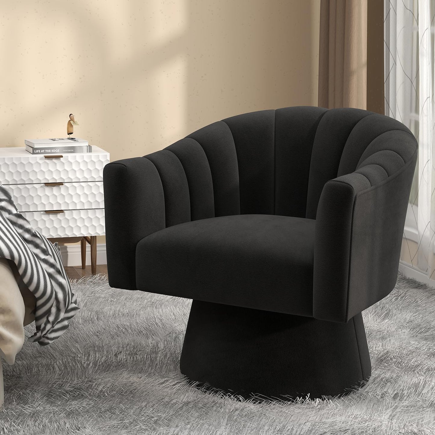 Swivel Accent Chair,Upholstered Velvet 360° Swivel Barrel Chair for Living Room Overstuffed Bouncle Reading Chair Round Armchair for Bedroom,Vanity,Office(Pink)