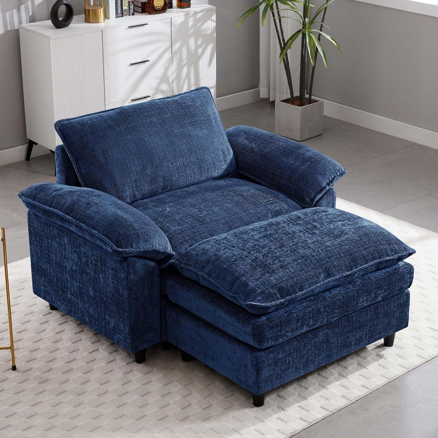 51.9" Blue Oversized Cloud Accent Chair with Ottoman, Modern Chaise Lounge Indoor, Comfy Chenille Single Sofa Couch Chair for Living Room Apartment Office