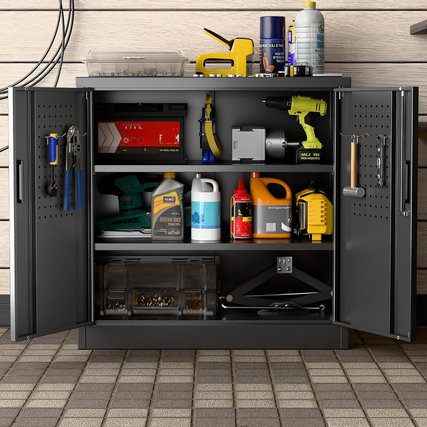 Aobabo Garage Storage Cabinet with Door Pegboard,Lockable Metal Storage Cabinet with 5 Adjustable Shelves for Garage Home,Required Assembly,Black