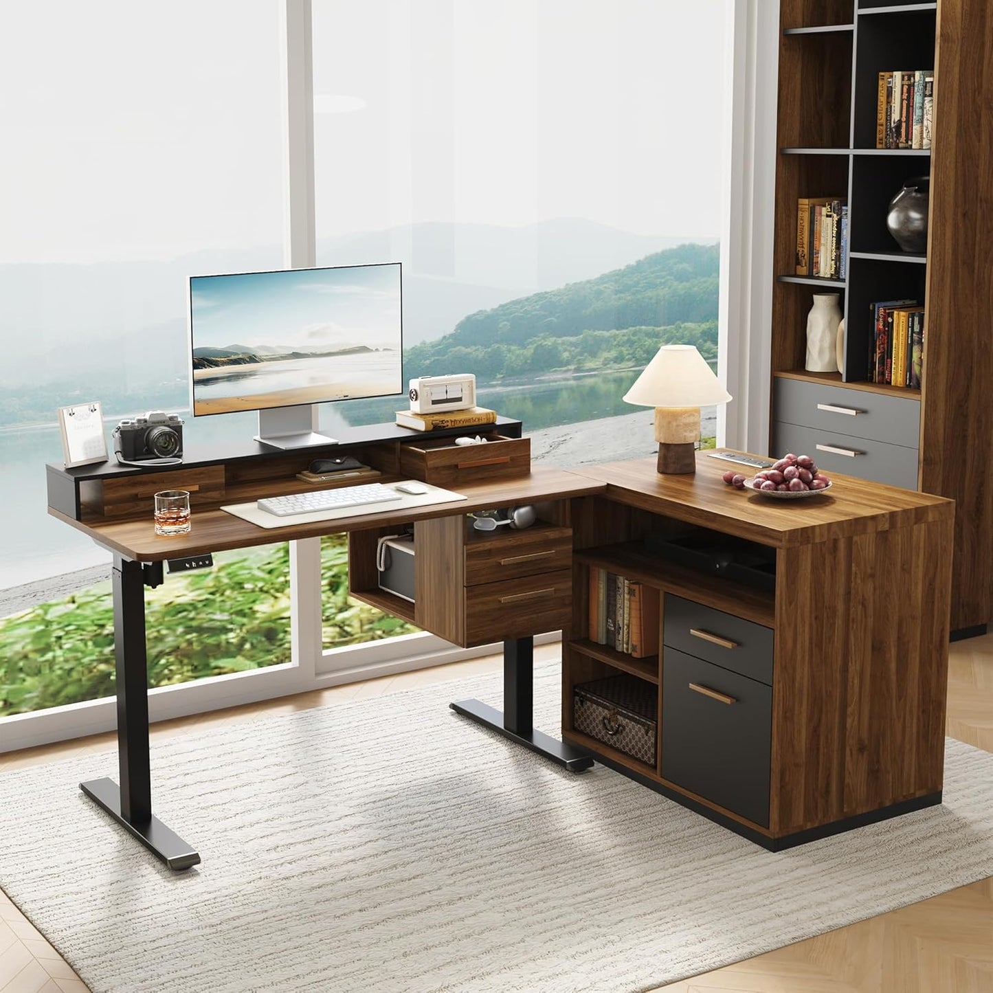 47.2'' Standing Desk with File Cabinet, Height Adjustable Electric Sit Stand Desk, Lateral File Cabinet, Computer Workstation for Home Office, Light Walnut