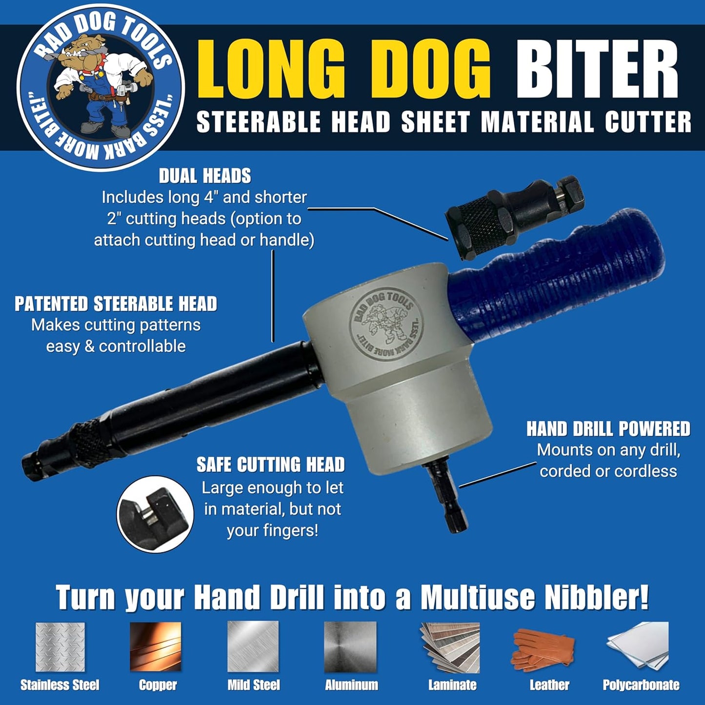 Bad Dog Long Dog Biter Kit - Dual Head Nibbler Drill Attachment w/ 4” Reach. Includes Two Patented Steerable Heads (2” & 4”) & a spare 2", HSS blades, Set Screw & Combo-Wrench.