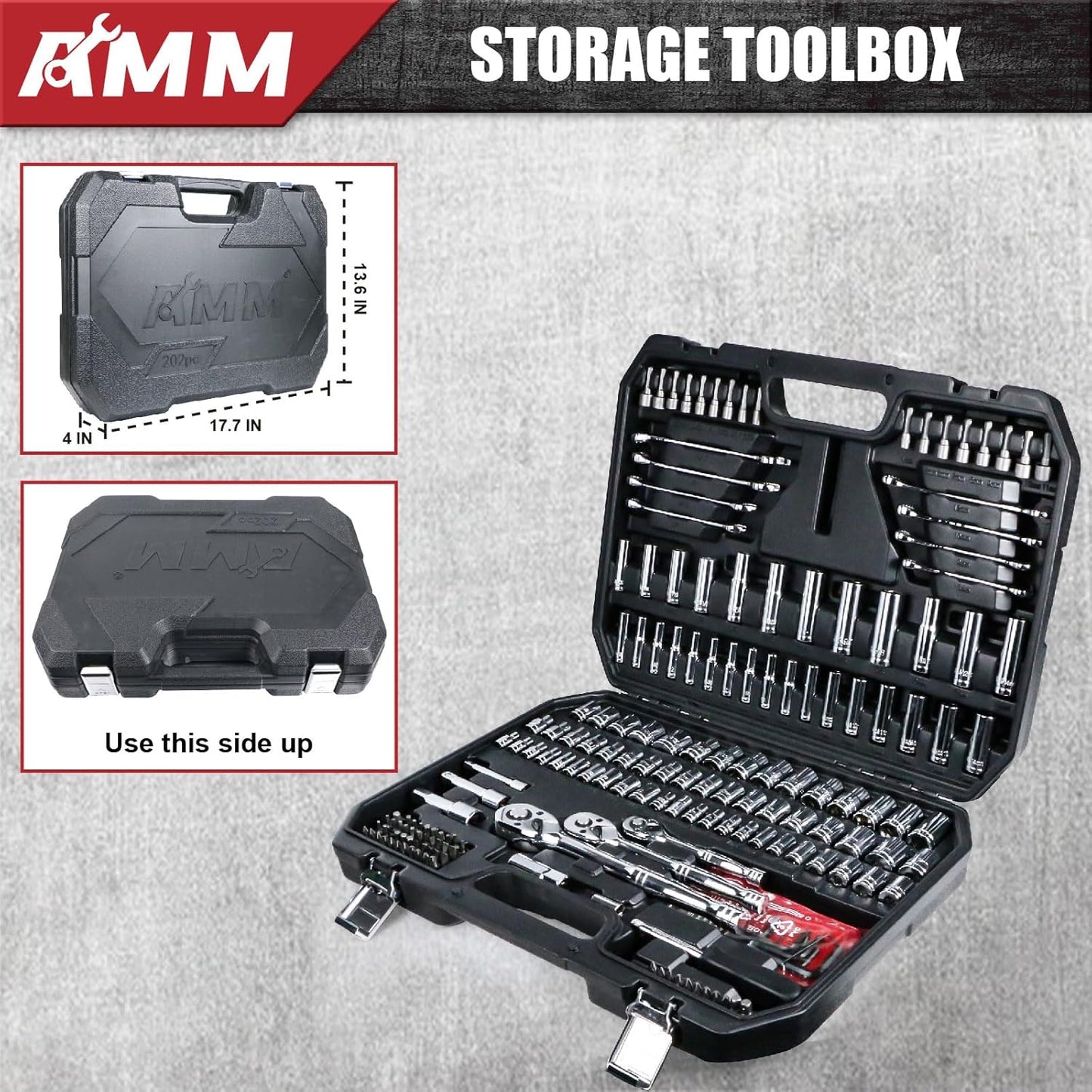 AMM Mechanics Tool Set, 1/4 in, 3/8 in and 1/2 in Drive socket set, 202 Piece