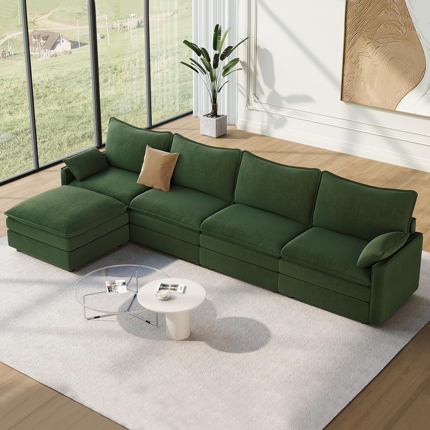 Vesgantti 108" Modular Sectional Sofa, Comfy Cloud Couch with Movable Ottoman Deep Seat Chenille L Shaped Modular Sofa, Sectional Couches for Living Room, Bedroom and Apartment, Beige