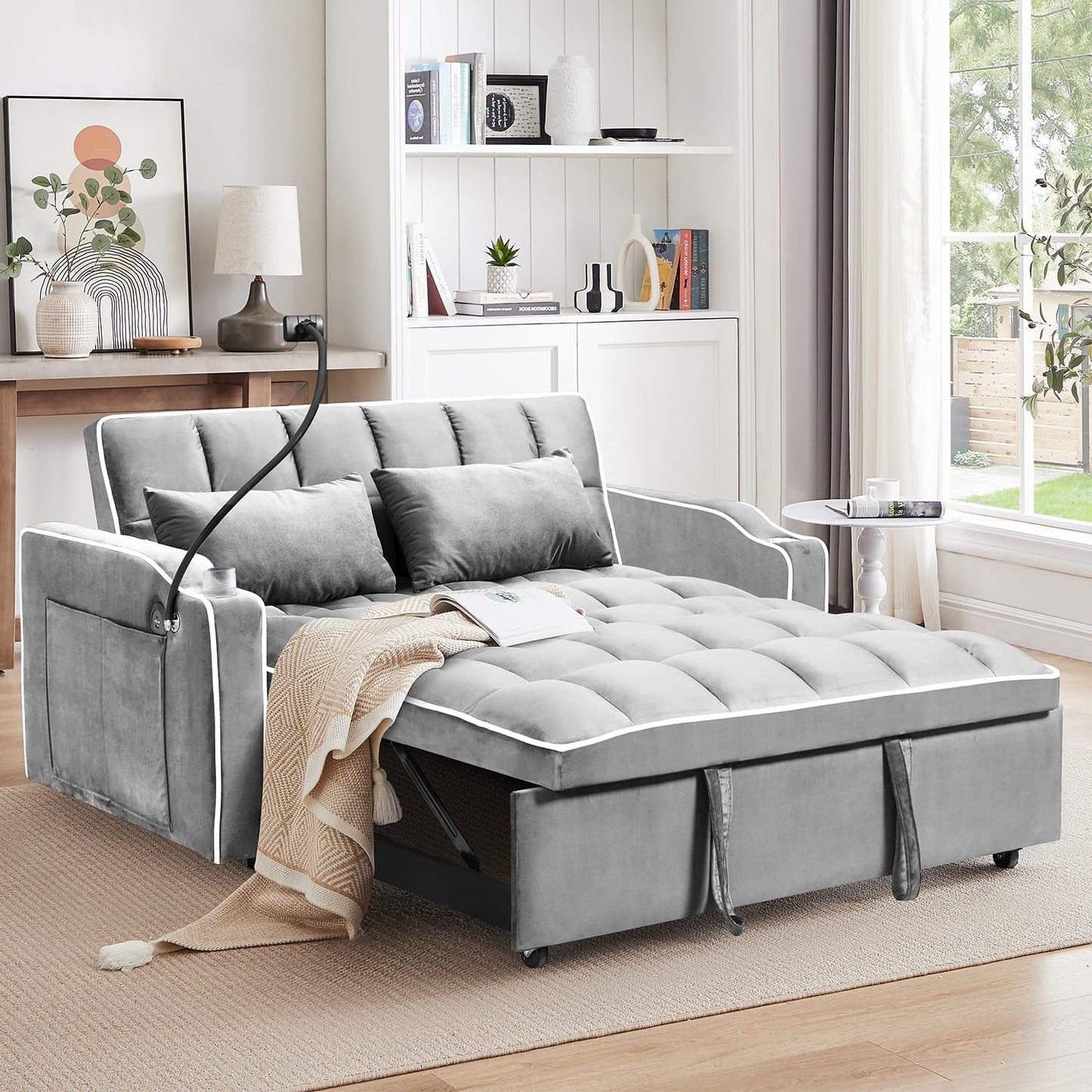 3 in 1 Sleeper Sofa Chair Bed,Velvet Convertible Sleeper Chair,Pull Out Bed Chair with USB Port & Ashtray and Swivel Phone Stand & Storage Pockets,Modern Chair for Living Room