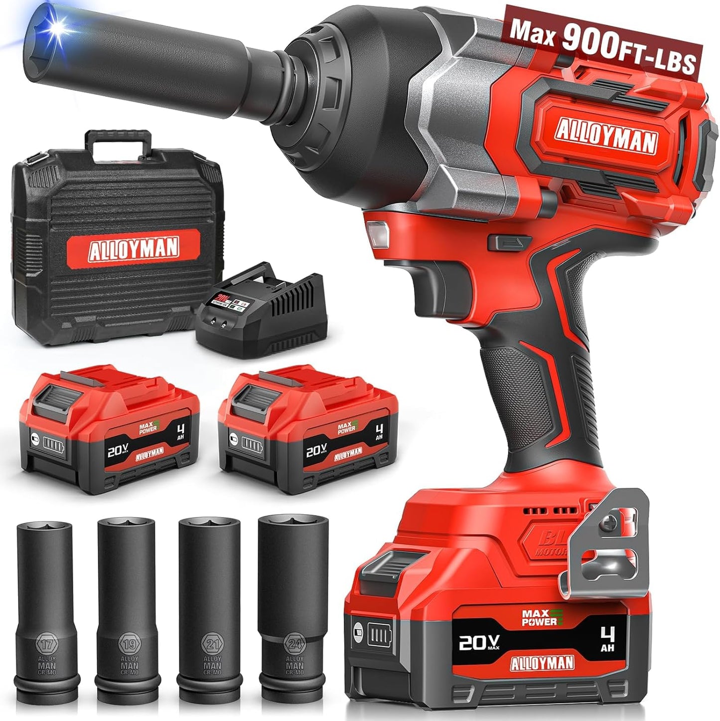Alloyman 1/2 inch Impact Wrench Cordless, (750 N.m) 555 Ft-lbs Hight Torque Wrench,20V Power Impact Driver, Brushless Motor 2000 RPM, 2x 4.0AH Li-ion Battery,Charger,6 Sockets,3 Extension Bars
