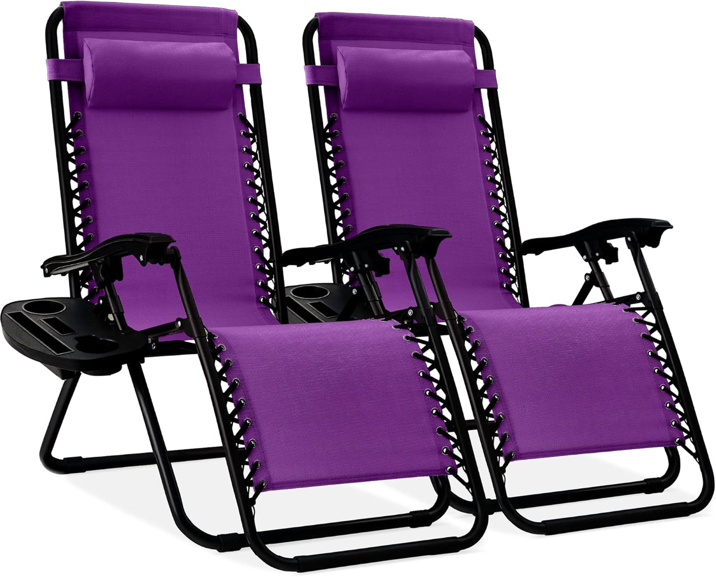 Best Choice Products Set of 2 Adjustable Steel Mesh Zero Gravity Lounge Chair Recliners w/Pillows and Cup Holder Trays - Gray