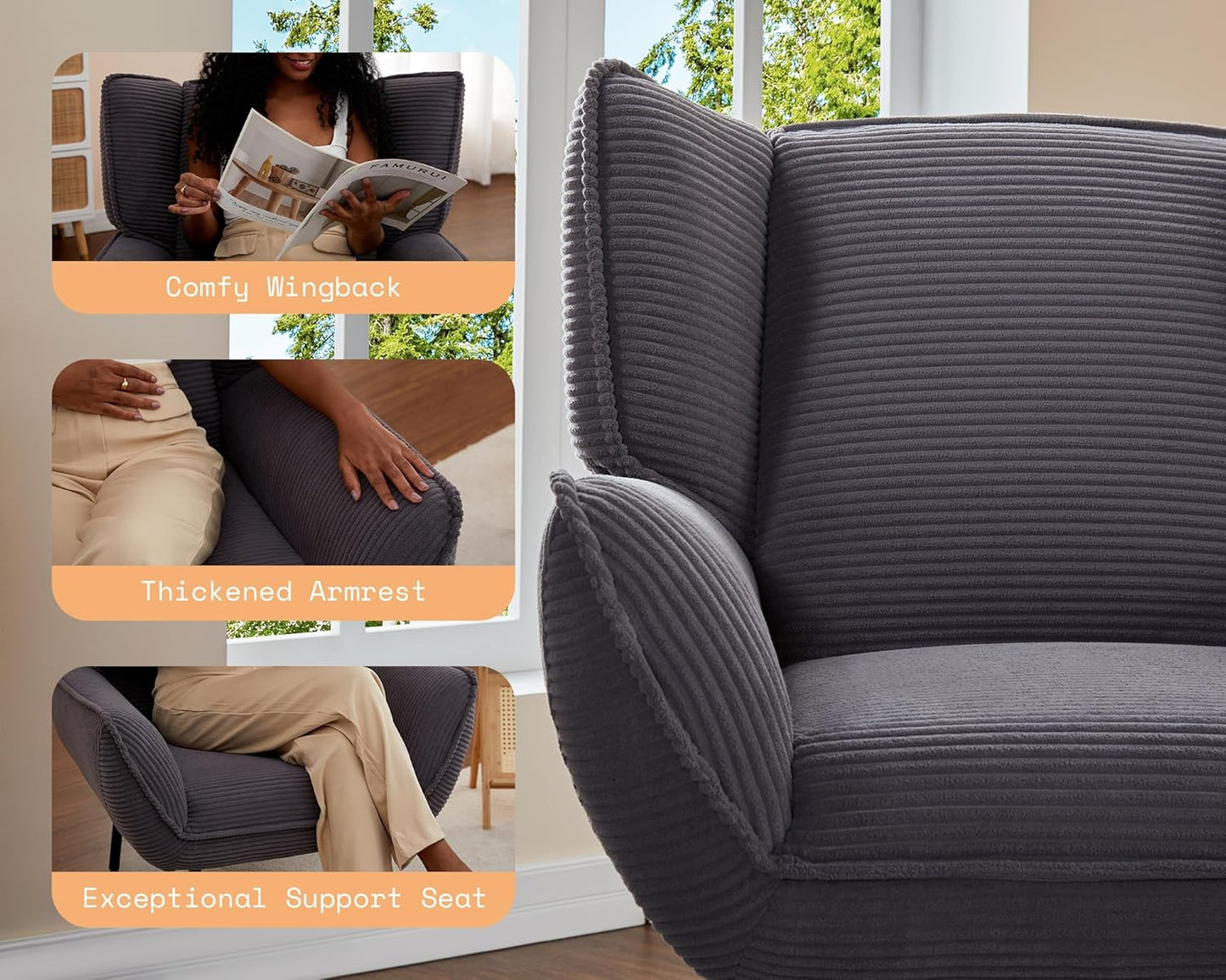 AMERLIFE Accent Chair Set- Wingback Upholstered Living Room Chair, Grey Reading Armchair for Bedroom, Comfy Corduroy Chair Set of 2