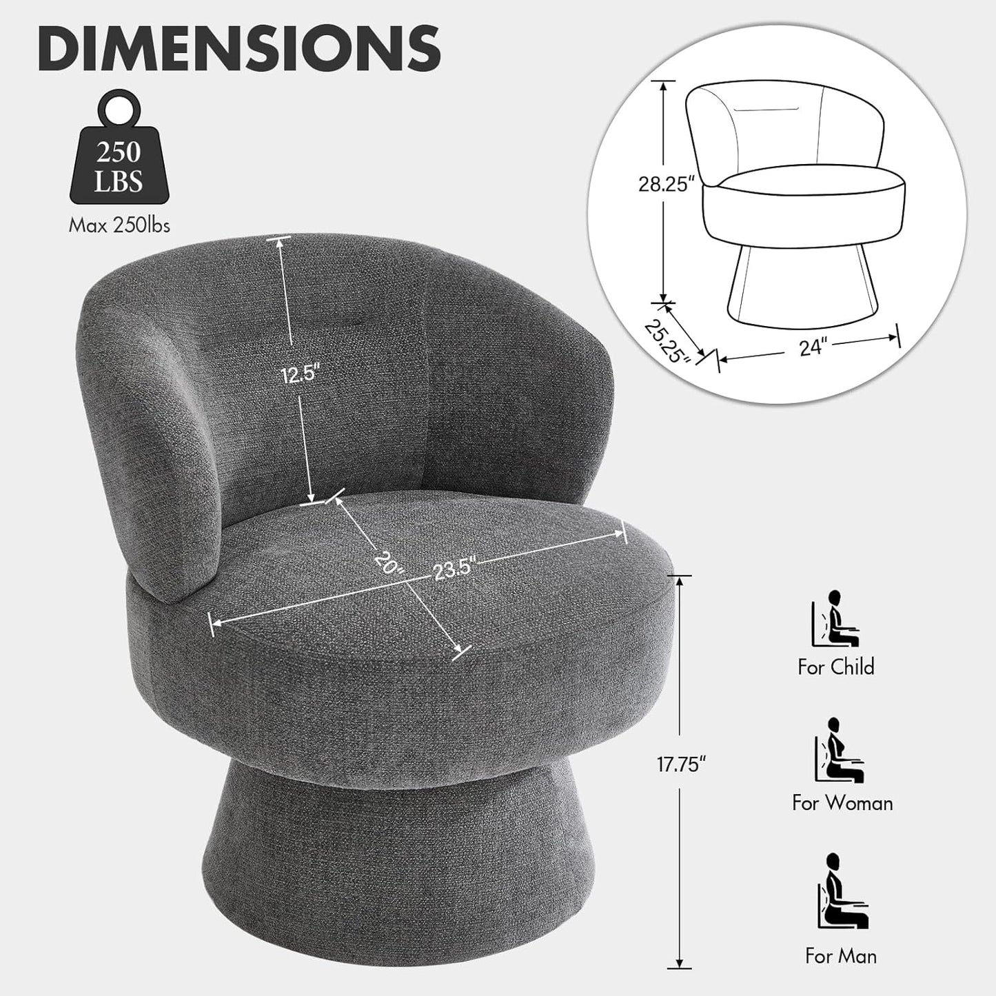 360° Swivel Accent Chairs Set of 2, Modern Chenille Upholstered Boucle Dining Chair with Back, Vanity Chair Accent Armchair Side Chairs for Dining/Living Room, Bedroom, Gray