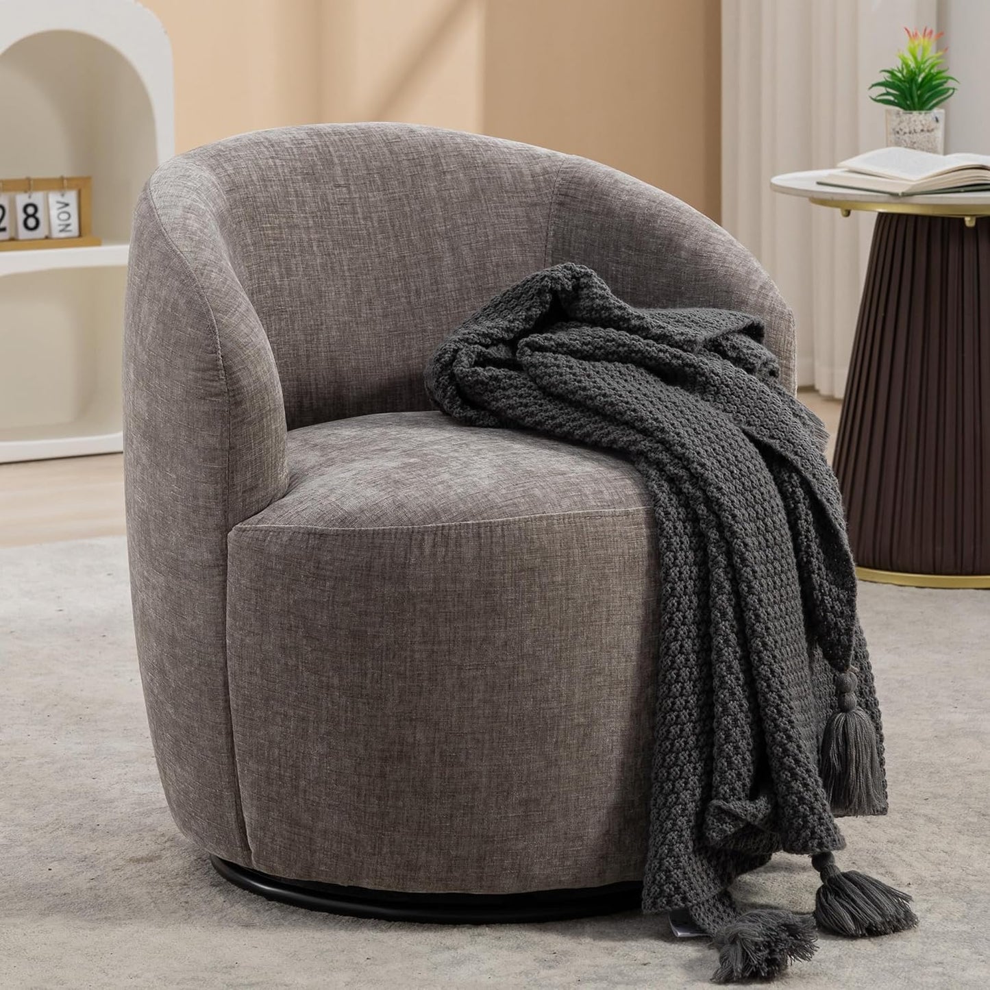 Ball & Cast Modern Swivel Accent Chair,Velvet Upholstered Armchair,Small Single Sofa with Semi-Circular Backrest for Living Room Bedroom Home Office,White